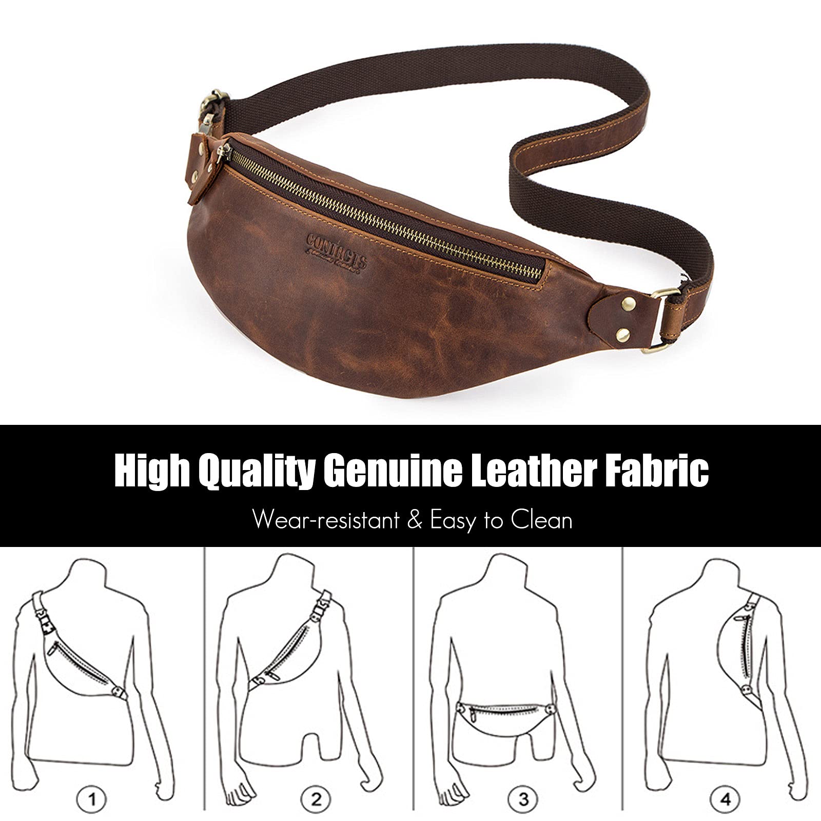 FANDARE Retro Brusttasche Leder Bauchtasche Sling Waist Bag Herren Unternehmen Schultertasche Umhängetaschen für Freien Reisen Wandern Hiking Joggen DaypacksDunkelbraun