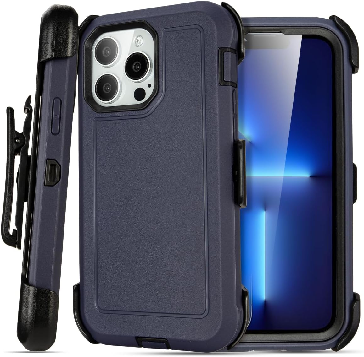 iPhone 13 Pro Max Case with Clip Belt Holster, Heavy Duty Shockproof, 3 Layers of Sturdy Protection, Drop Defender, Navy Blue