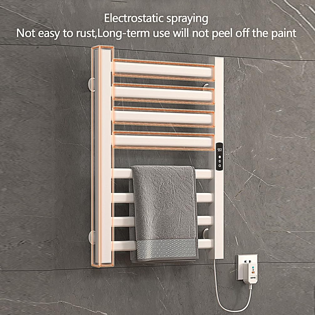 Nero Termoarredo Bagno,Bianco Montaggio A Parete Scaldasalviette Elettrico,8 Tondini Termoarredo Elettrico,Cronotermostato con Display Digitale,Bianca,No Punching
