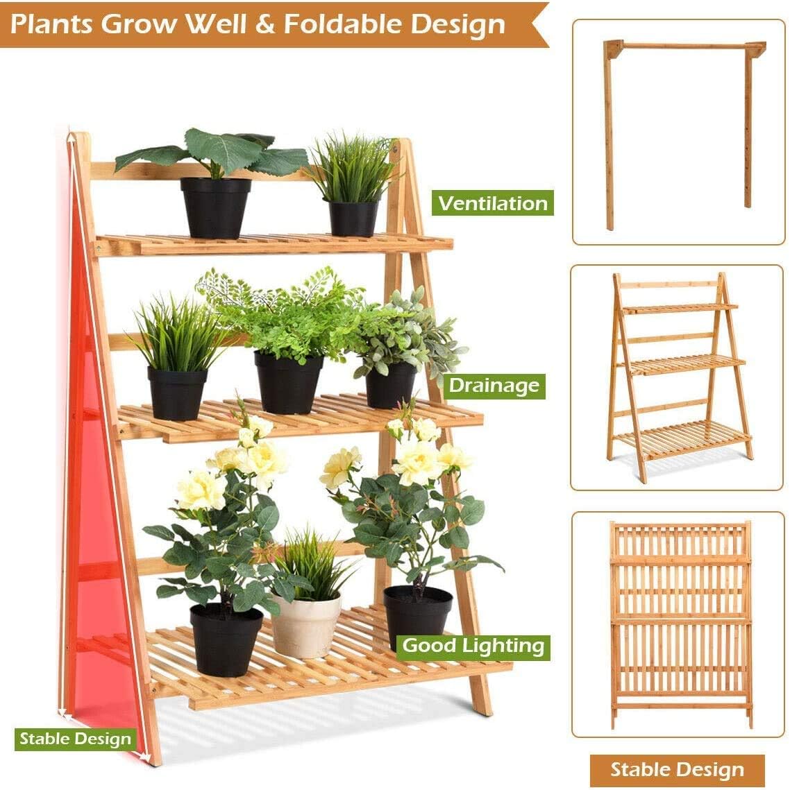 ReunionG 3-Tier Bamboo Plant Stand, Foldable Hanging Flower Plant Shelf, Pot Organizer Display Storage Rack with Adjustable Height Hanger Rod, Planter Ladder Potted Holder for Patio Garden