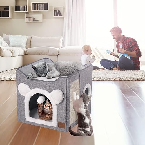 Miniatura 8 de CATISM Camas plegables para gatos de interior, casa grande para gatos con almohadilla para raspar y bola esponjosa para colgar, escondite de dos