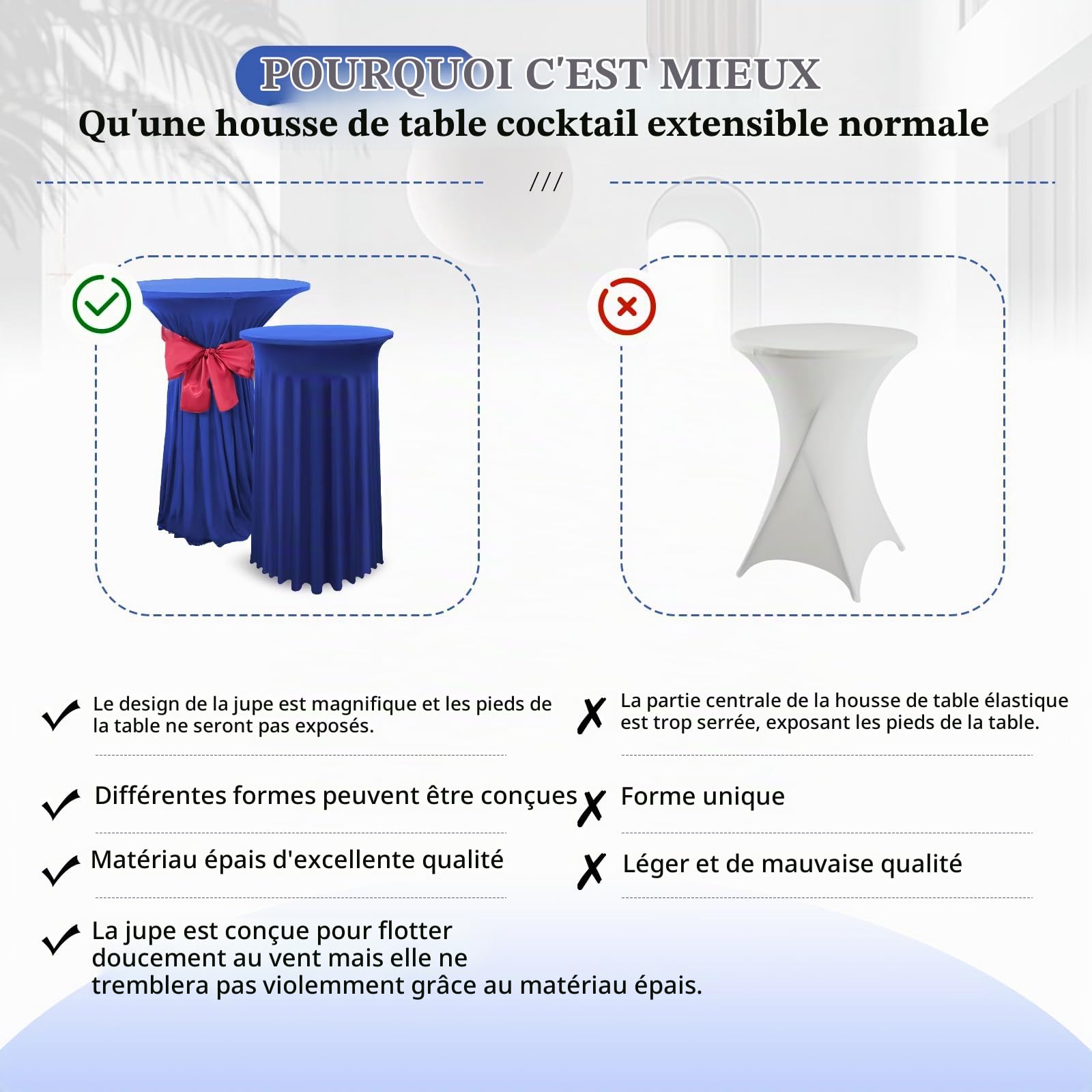 YMHPRIDE Lot de 2 Bleu Housse pour Table Haute, Nappe Mange Debout 80 x 110 cm, Bleu Nappe Jupe Plissée Extensibles en Spandex pour Cocktail Mariage Banquet Anniversaire Banquet Bar Table