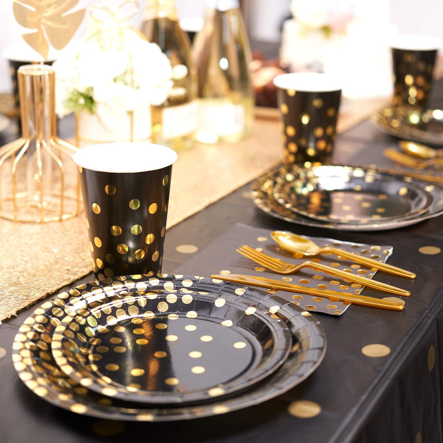 DECORLIFE Black Paper Plates Set for 24 Guests, 12oz Cups, 48PCS Napkins, Black and Gold Plates, 192PCS New Years Eve party supplies 2023 for Retirement, Birthday, Anniversary