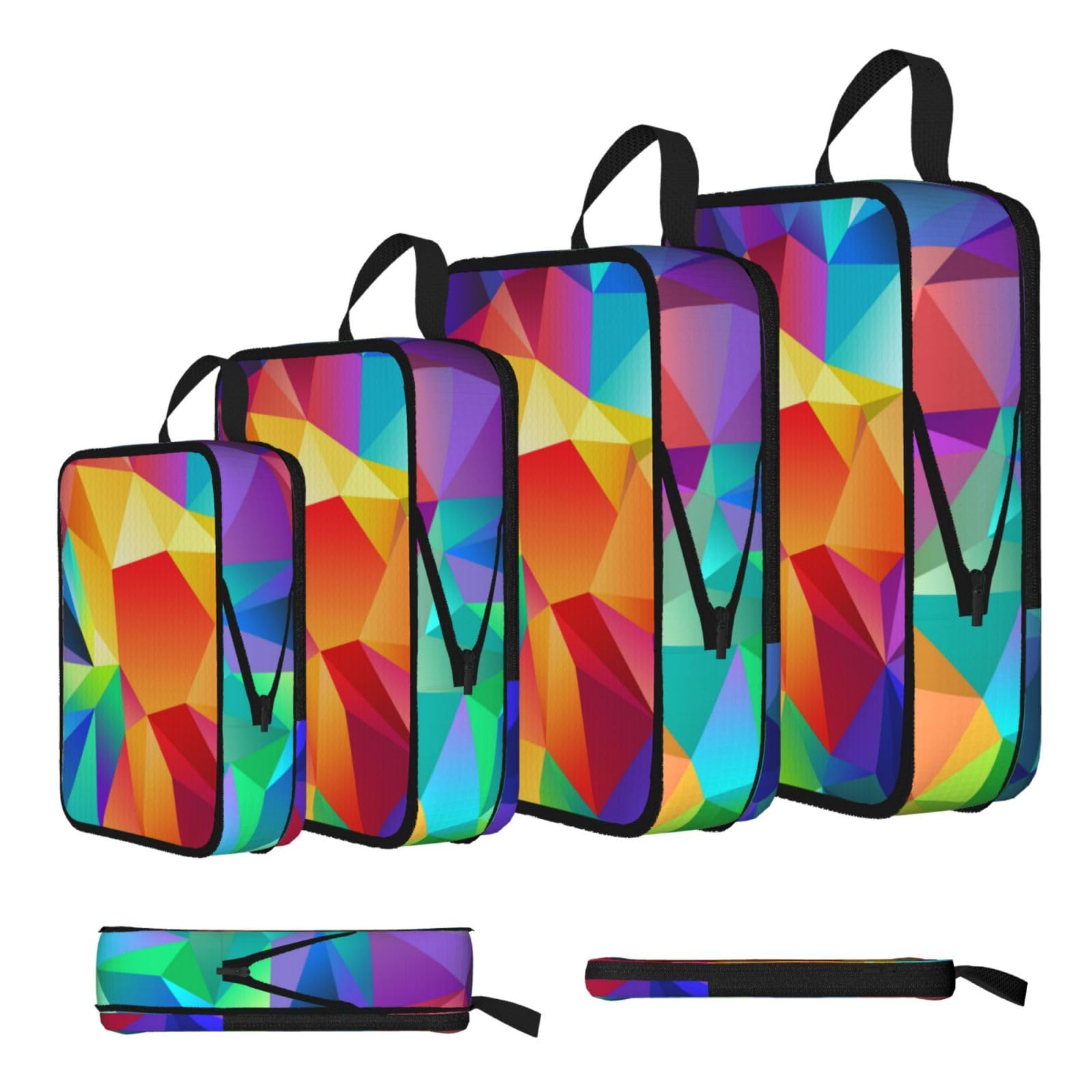 Rainbow Geometric Print 4 Set Compression Packing Cubes For Suitcases,Expandable Storage Bags Organizers
