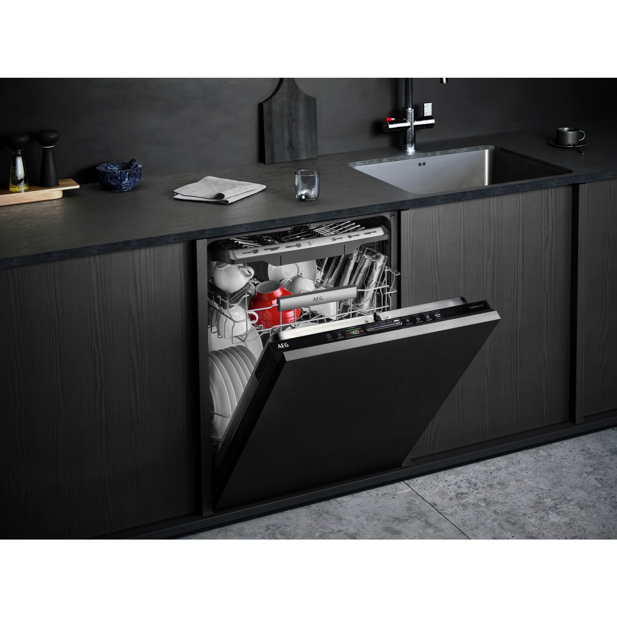 AEG FSB5361CZ Vollintegrierter-Geschirrspüler, Serie 6000 mit SatelliteClean Sprüharm, 60cm, AirDry für perfekte Trocknungsergebnisse, Besteckkorb, QuickSelect Display, Startzeitvorwahl, Wasserstopp