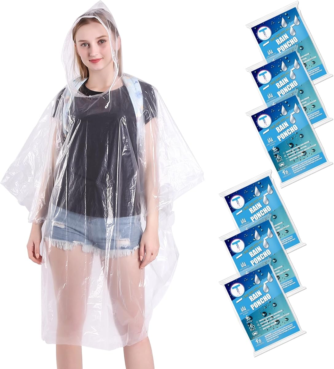 TUNCHMO Disposable Rain Ponchos 6 Pack for Adults/Kids/Family Set-50% Thicker Emergency Ponchos
