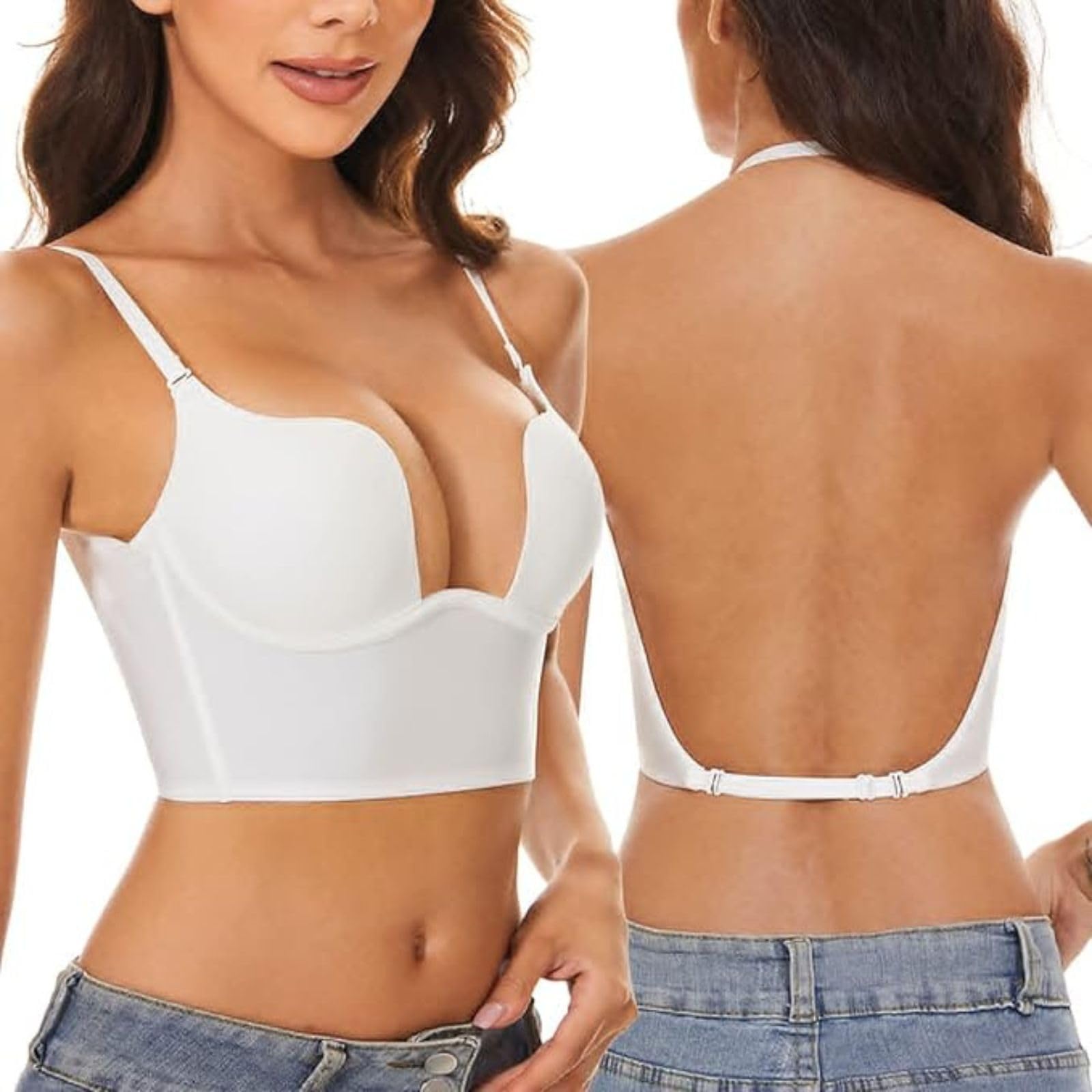 Low Back Bras for Women-Invisible Backless Bra-Seamless Secret Push Up Deep Plunge Bra Lightly Lined Open Back Multiway Halter Bras