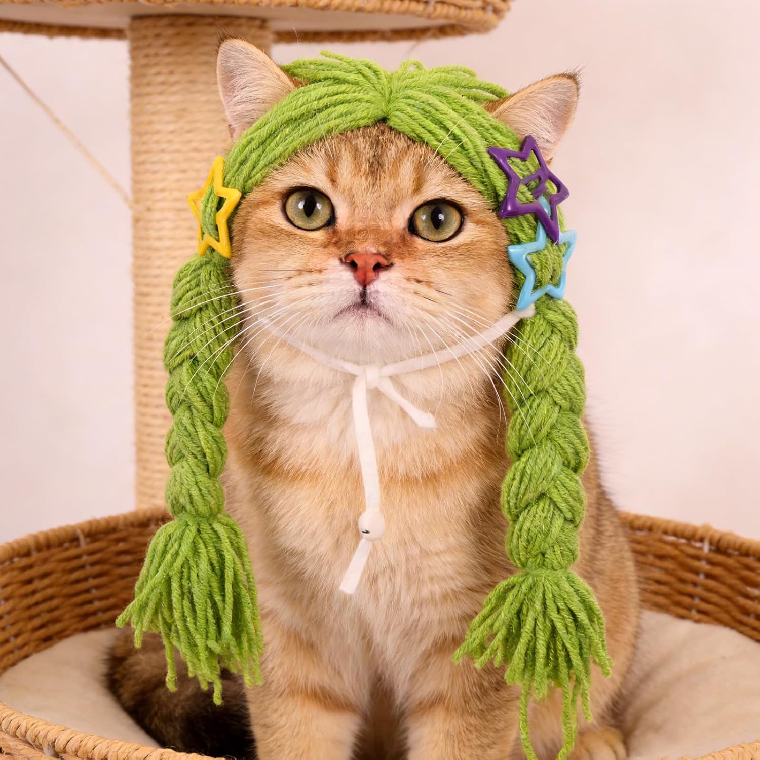 BETOOKY Braided Yarn Cat Wig with Bows for Halloween PET Costume image 5