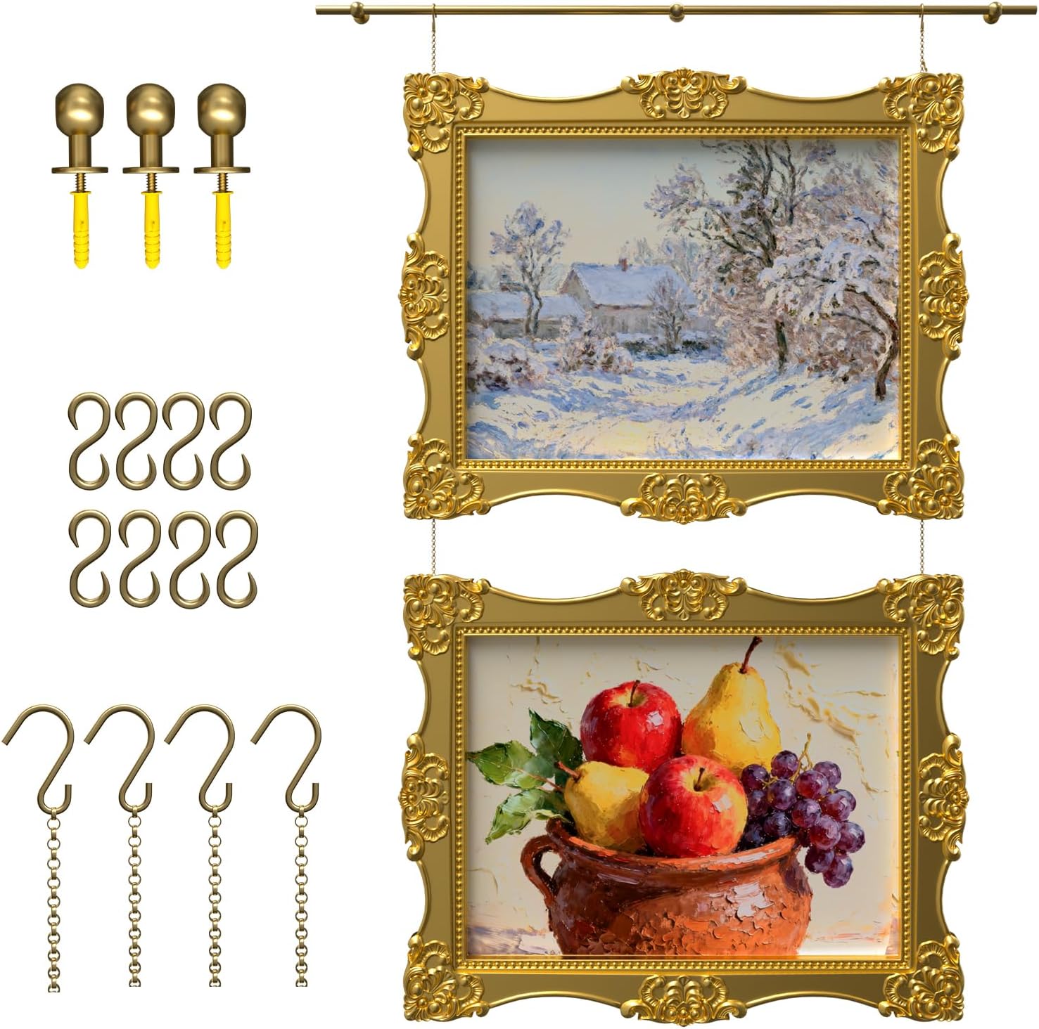 HIYOUGO Gold Brass Gallery Rail Kit 1.3m - Adjustable Picture Hanging System with Chains & Hooks, Non-Damaging Wall Art Display Rod