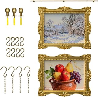 HIYOUGO Gold Brass Gallery Rail Kit 1.3m - Adjustable Picture Hanging System with Chains & Hooks, Non-Damaging Wall Art Display Rod