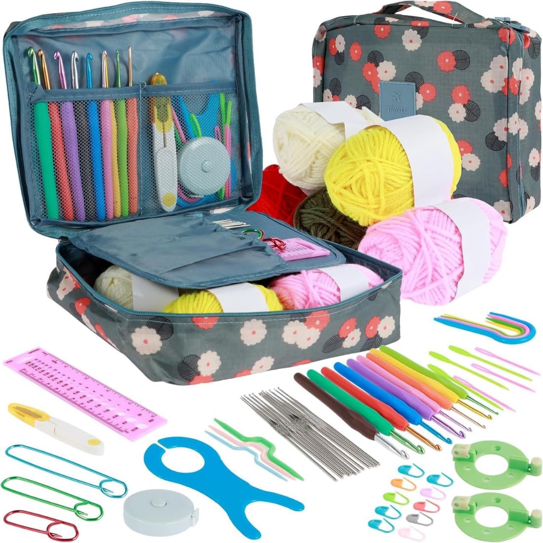 Oytra Crochet Hook Set with Case 9 Ergonomic Soft Grip Hooks Stitch Markers Yarn Needles Scissors Measuring Tape & Accessories for Knitting Crocheting Embroidery DIY Craft & Gift Kit-image-34