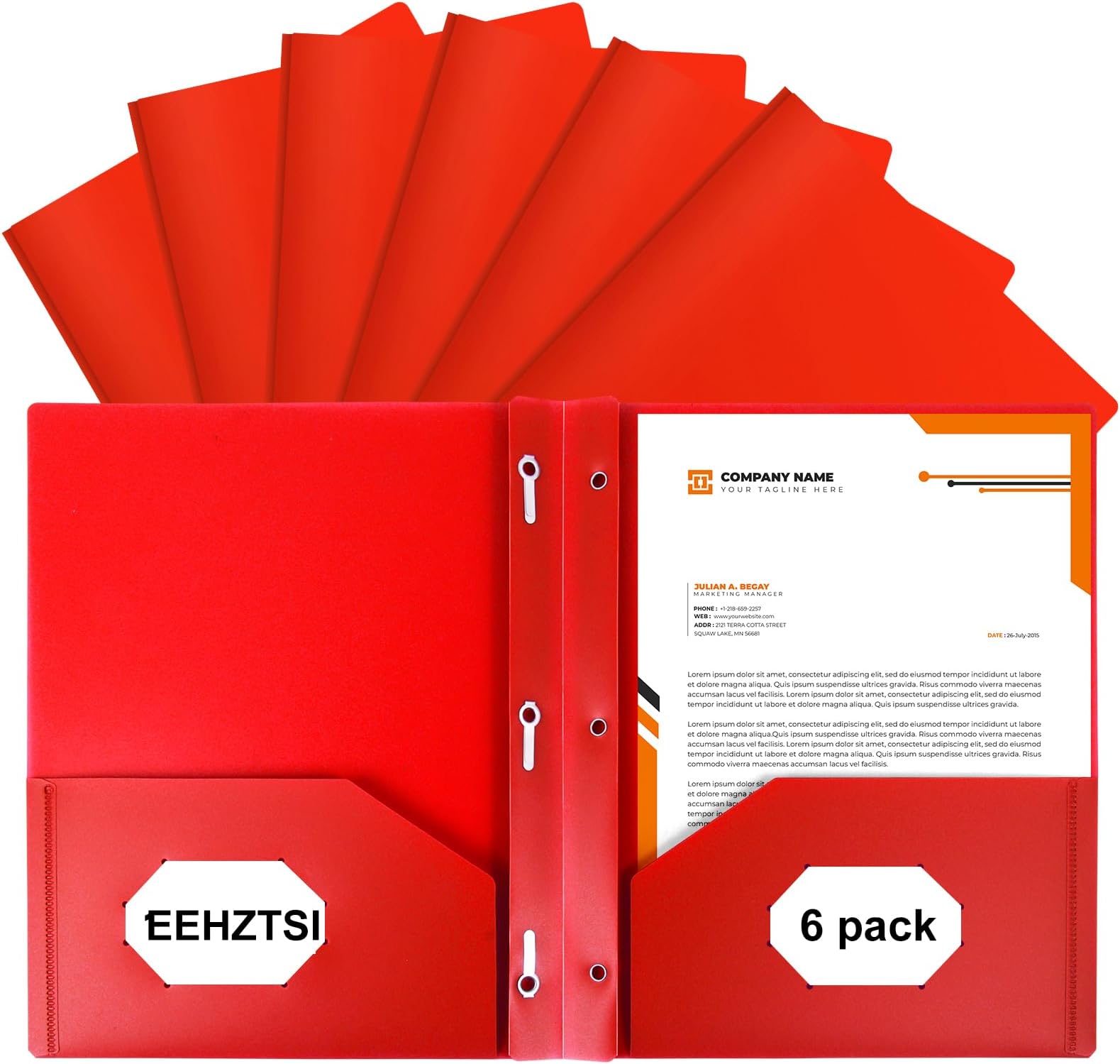 6-Pack Plastic Folders with Pockets and Prongs, 2-Pocket Folders with 3 Fasteners, Holds 8-1/2" x 11" Paper for School/Office/Home, Red