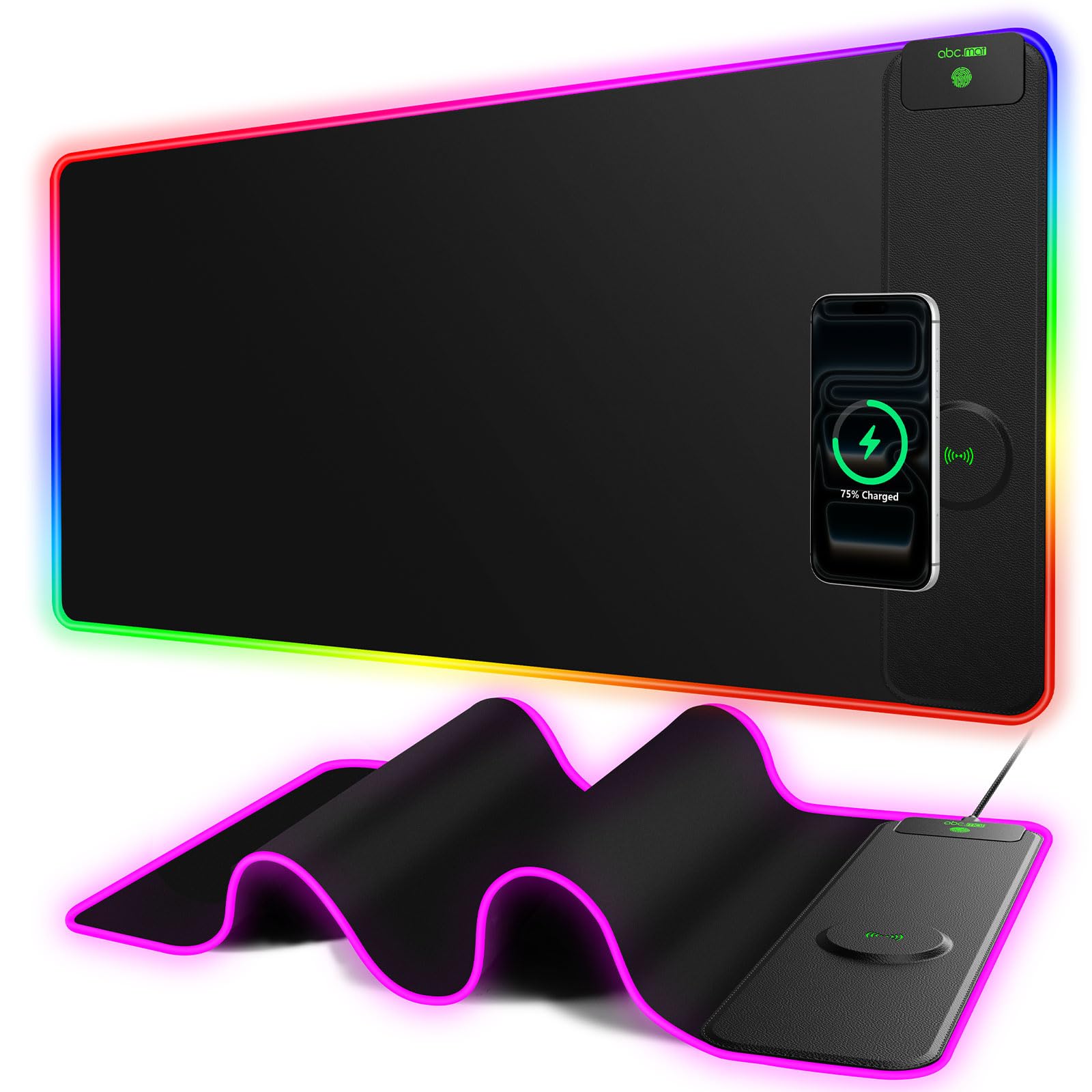 Tappetino per mouse da gioco XXL RGB con caricabatterie wireless magnetico da 15 W, tappetino da scrivania a LED extra large da 80 x 40 cm, 24 effetti di luce, con base in gomma antiscivolo