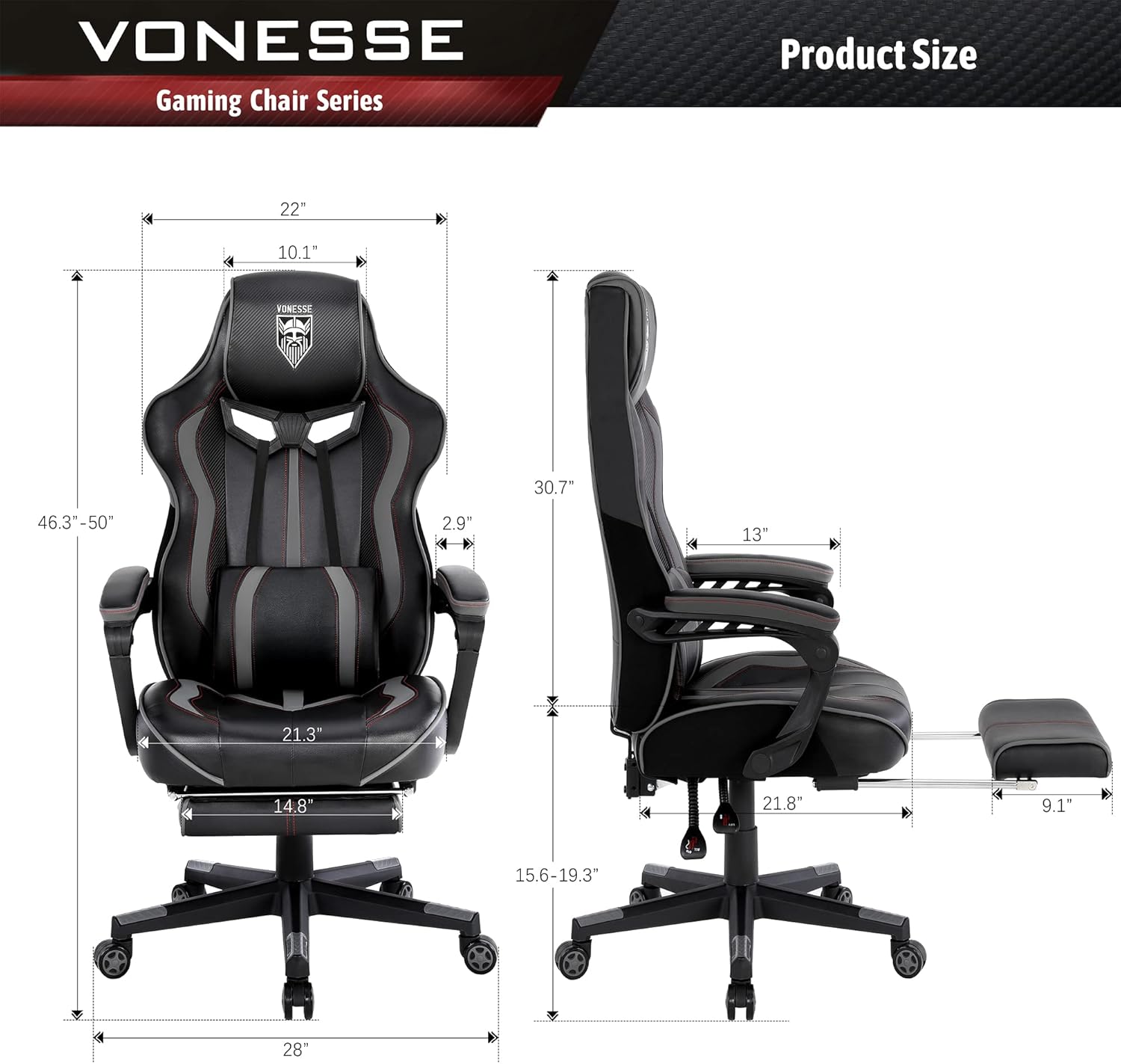 Vonesse Gaming Chair Recliner with Foot Rest, Ergonomic, Adjustable, Grey