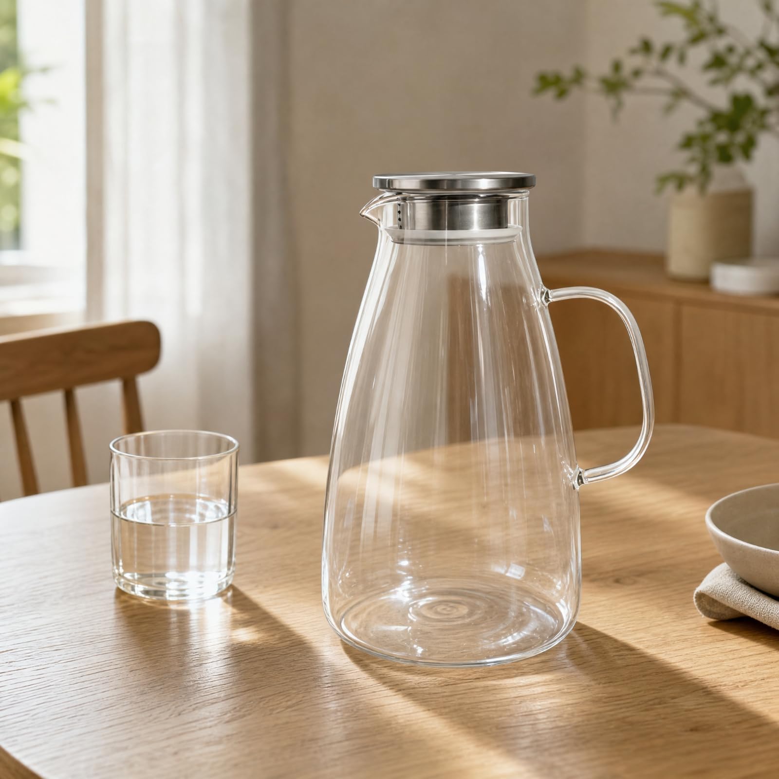 Gralara Brocca in Borosilicato con Coperchio in Acciaio Inox Trasparente con Coperchio Acciaio Inox Apertura Larga per Famiglie, 3.8L