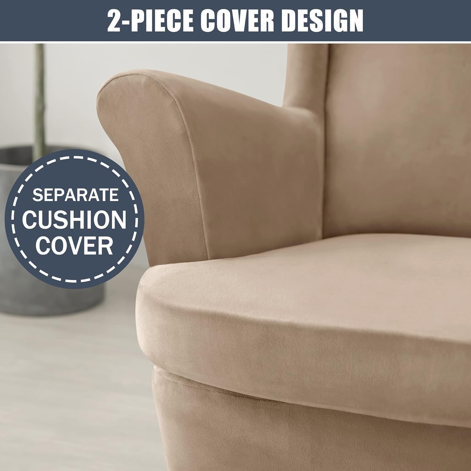 CONRUSER Stretch Wingback Chair Covers, 2 Piece Wing Chair Slipcovers Soft Velvet Armchair Covers with Elastic Bottom for Living Room Bedroom (Light tan)