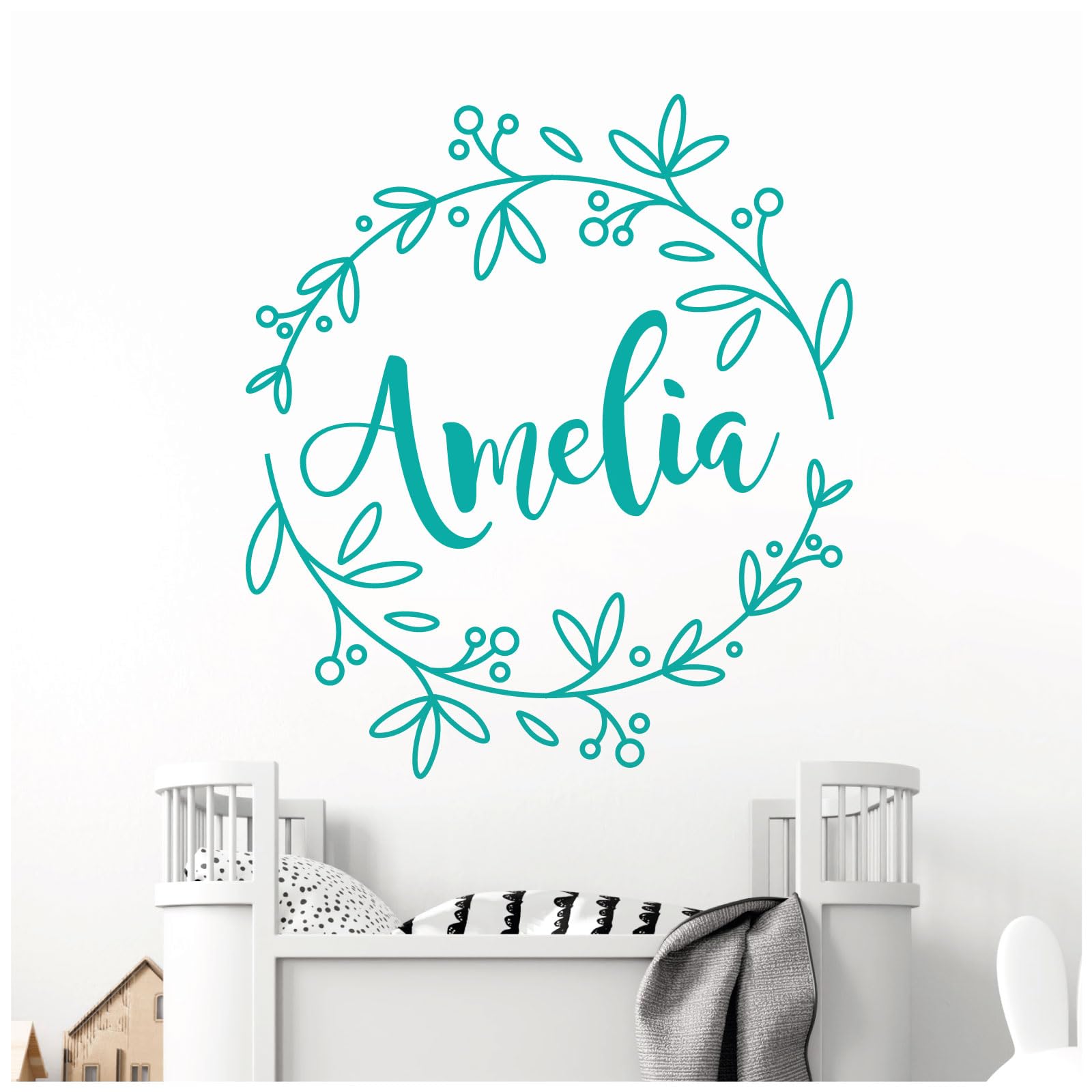 Personalised Name - Floral Wreath - Nursery Vinyl Wall Decal Sticker [Medium] [Turquoise]