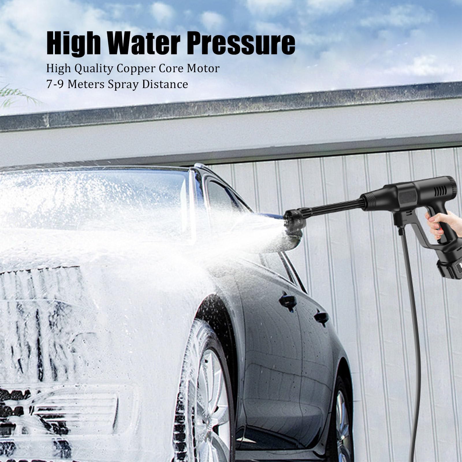 Billg Hidrolimpiadora de Alta Presion Inalámbrica, 2 Niveles Pistola de Agua a Presión Portati, Pantalla LED, Boquilla 6 en 1, Manguera de 5M, 145 PSI Lavadora a Presión Sin Cable con Baterías