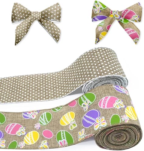 2 rollos de cinta de Pascua con borde con alambre de 10 yardas, lazos de arpillera de puntos blancos y morados de 2.5 pulgadas para corona, huevos