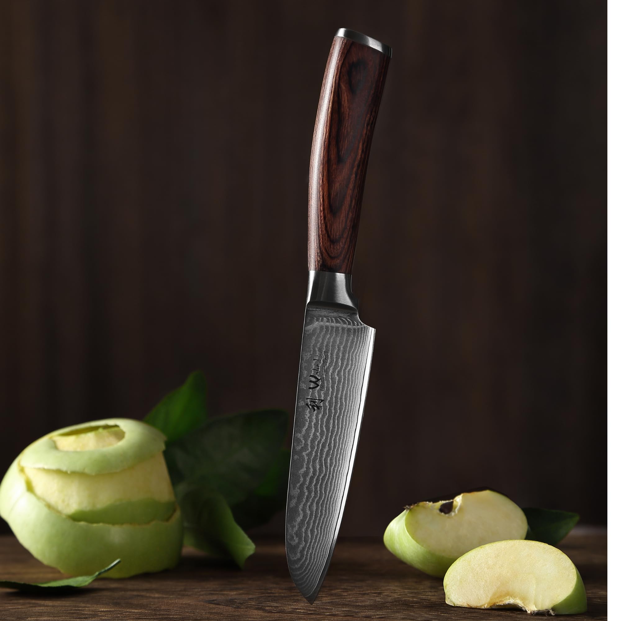 WAKOLI Edib Petit Couteau Santoku en Damas I Lame tranchante de 12 cm en acier damassé à 67 couches avec noyau VG10 et manche en bois de pakka I Couteau de cuisine professionnel & couteau damassé