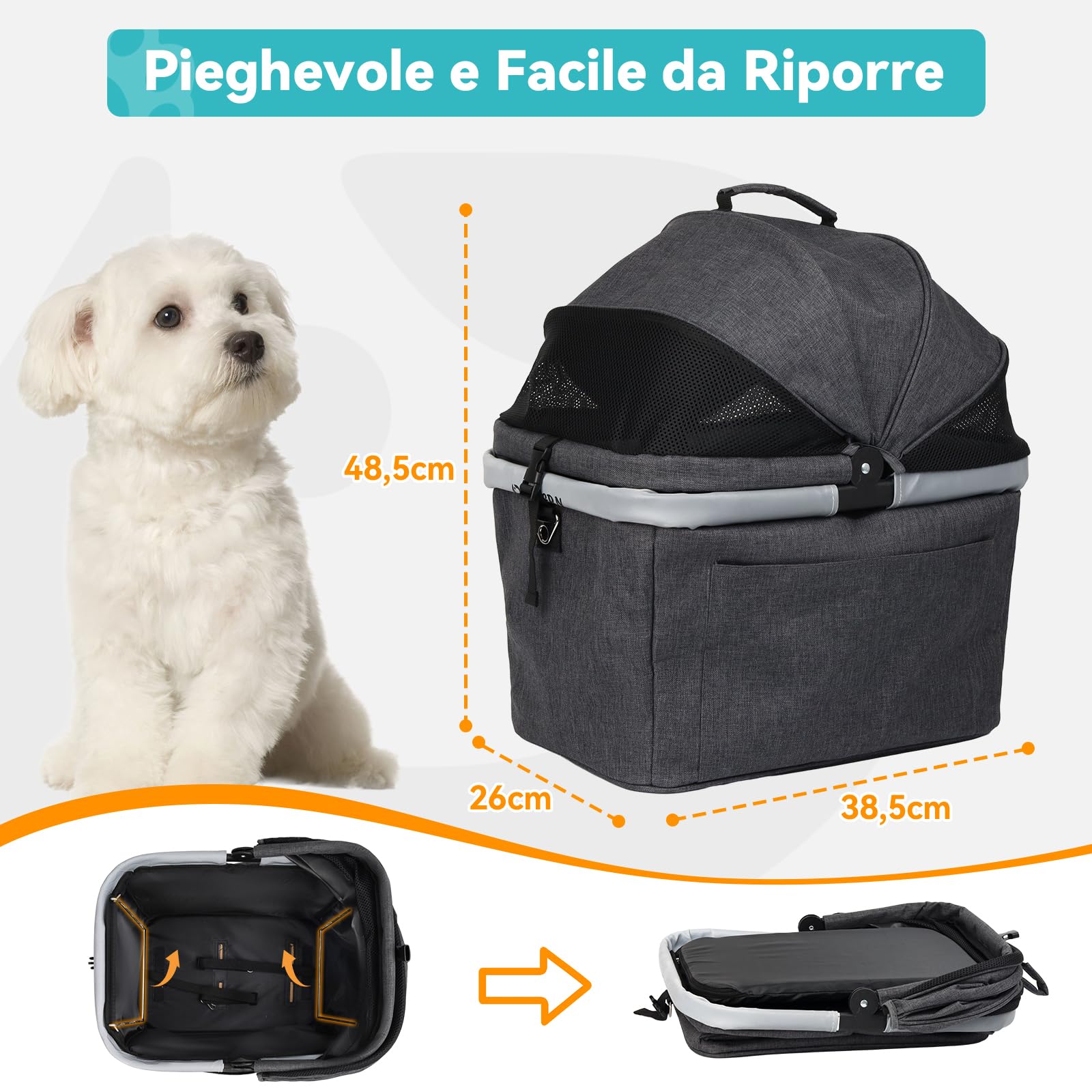 Cestino Posteriore Pieghevole per Cani Gatti fino a 12KG con Telaio in Metallo, Montaggio Rapido, Finestra a Rete, Cuscino Morbido, Strisce Riflettenti Adatto per Bici