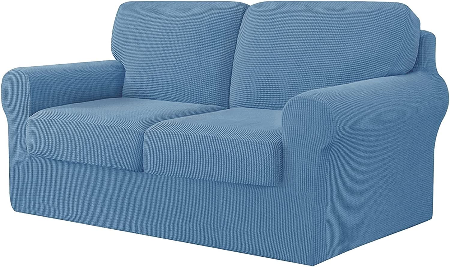 Housse de canapé extensible 2 places bleu denim pour salon