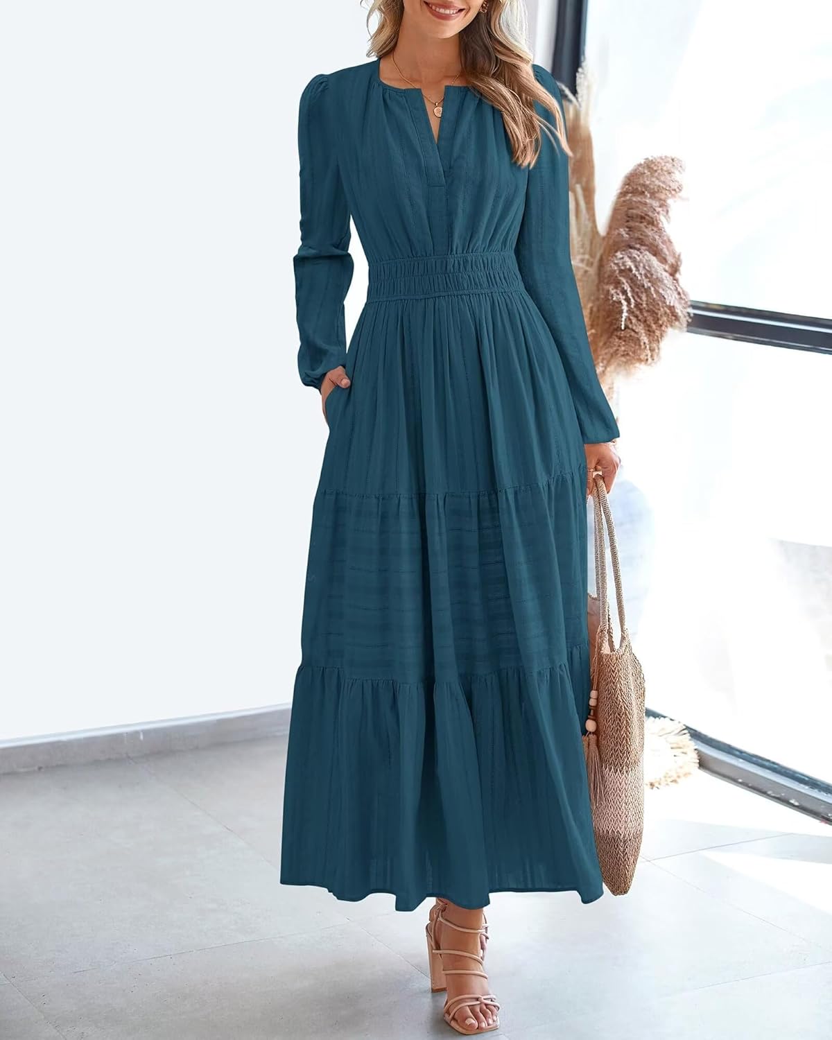 Women's Long Sleeve Maxi Dress with Pockets Spring Fall 2026 V-Neck Flowy Casual Wedding Guest Dress Elastic Waist - Image 3