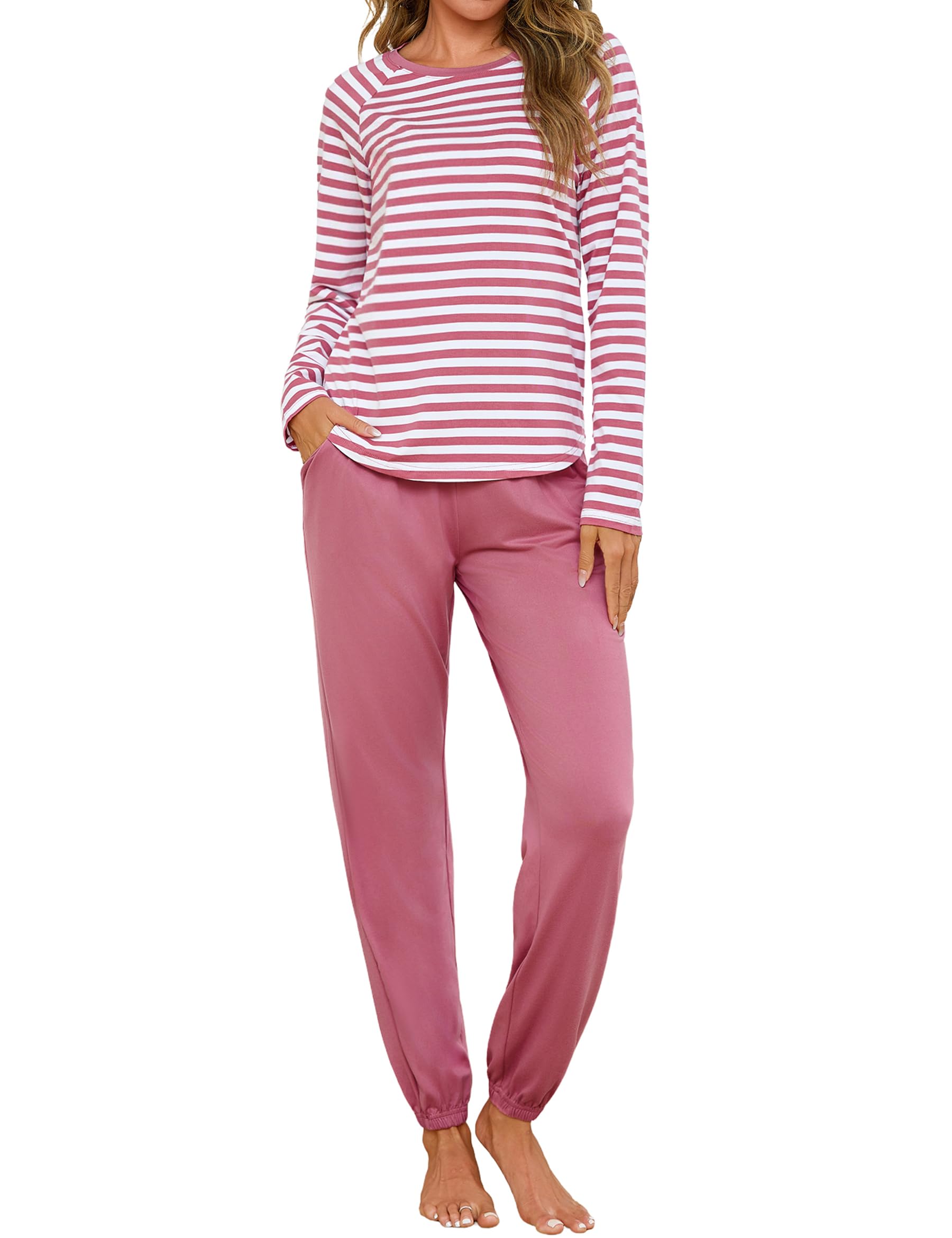 Uniexcosm Schlafanzug Damen Lang Zweiteiler Baumwolle Pyjama Set Rundhals Streifen Oberteil und Pyjamahose Winter Loungewear