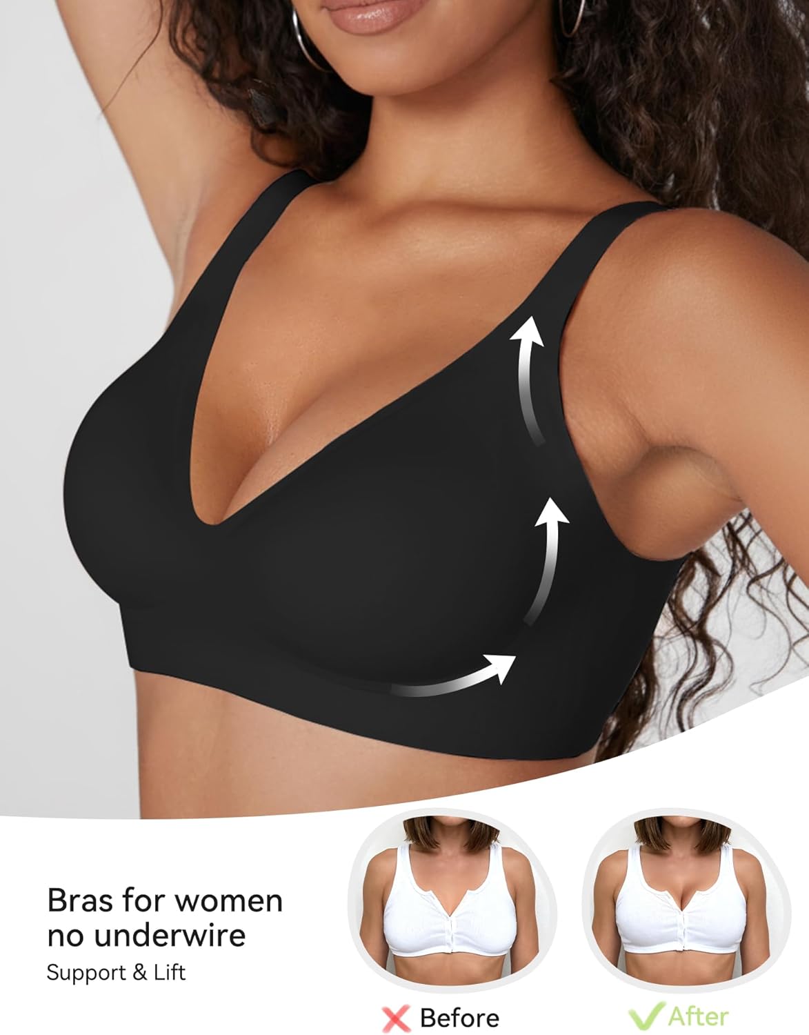 NOTEXT Women's Deep V Wireless Push Up Bra, Seamless T-Shirt Bralette with Jelly Strip Support, Invisible Wirefree Comfort - Image 2