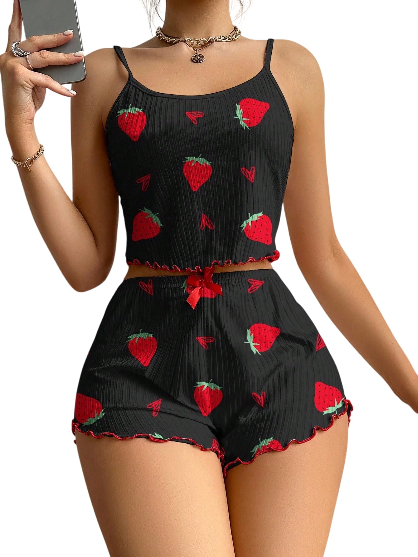 Women's Strawberry Print Cami Top and Shorts Babydoll Lingerie, Black, Ribbed, Bow Detail, Ruffle Hem (Size: S to L)-image-49