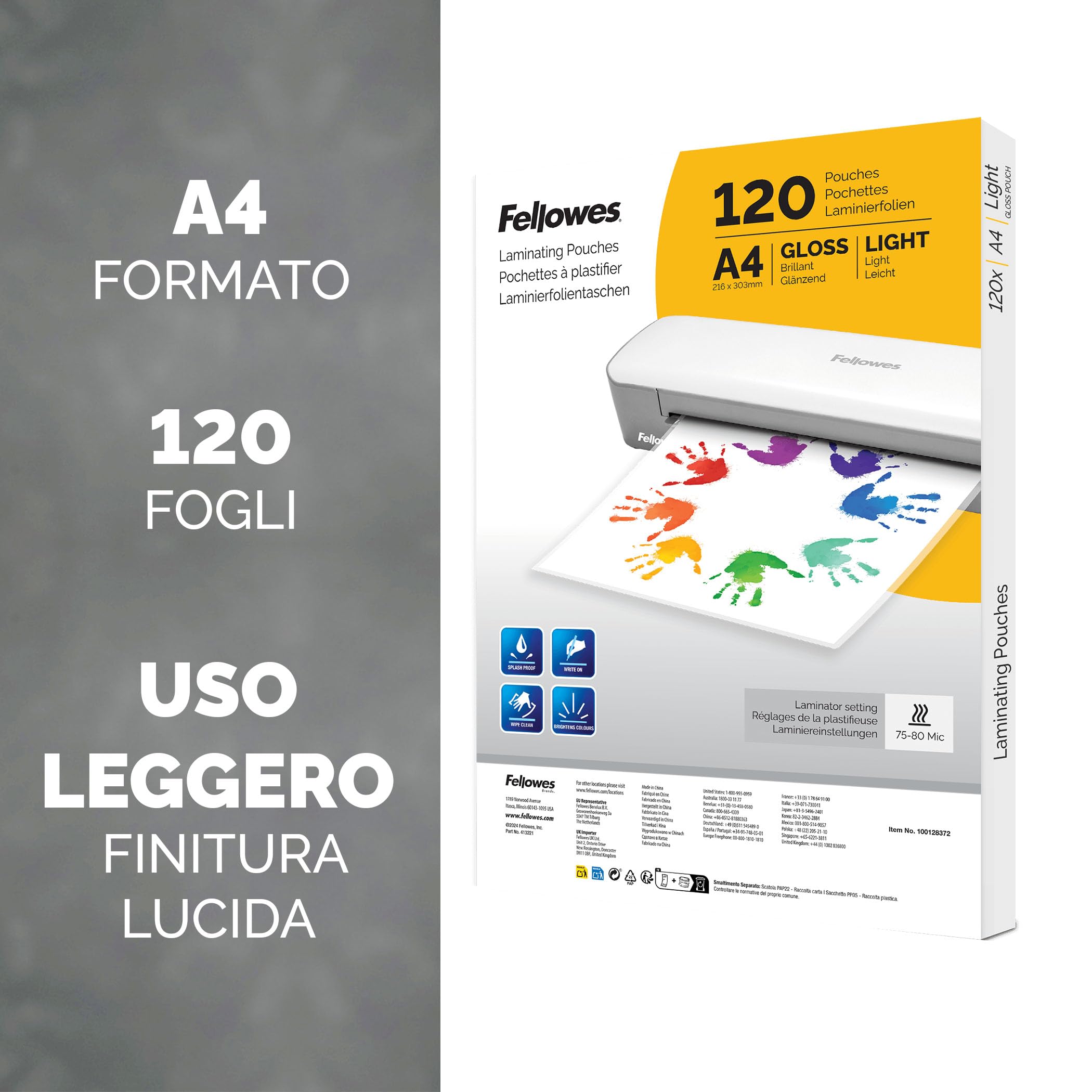 Fellowes Plastificatrice Sola A3, Formato A3, Fino a 125 Micron, Uso Domestico, con Leva di Sblocco e Modalità Riposo [ESCLUSIVA AMAZON] + Pouches A4 per plastificazione, Finitura lucida, 120 fogli
