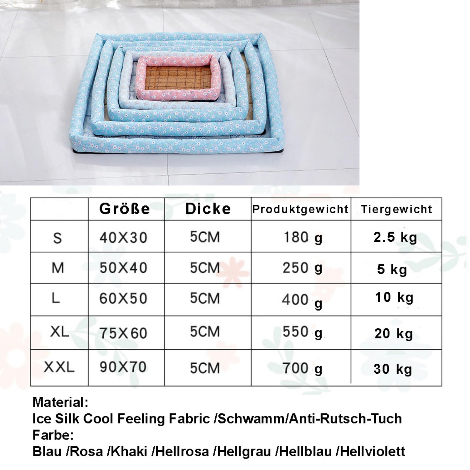 Kühlmatte für Hunde Katzen, Selbstkühlend Haustiermatte, Kühlpad Kühlkissen, rutschfeste Komfortabel Kühlbett für Zuhause, Auto Und Garten (Hellgrau,L(60x50 cm, 10 kg oder weniger))