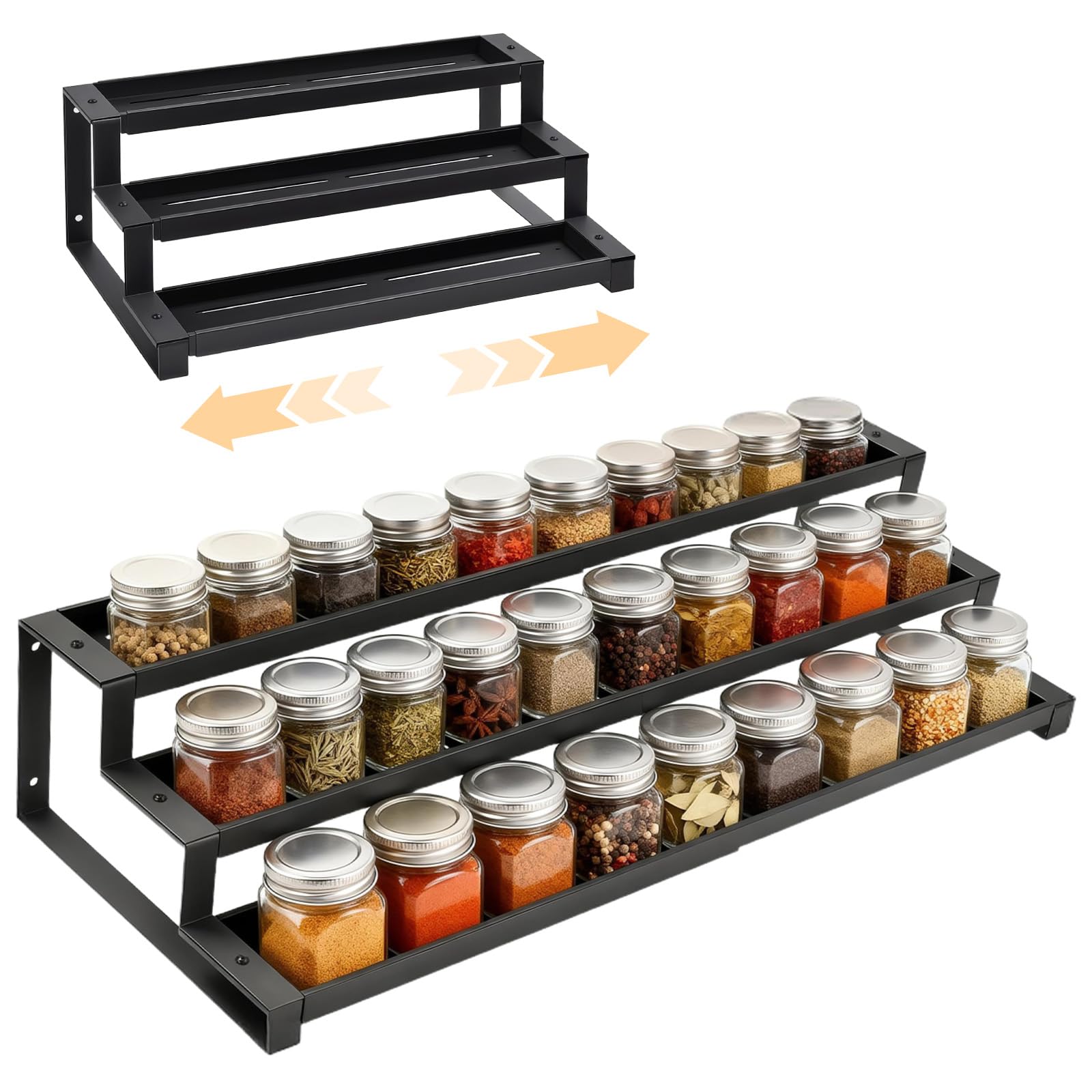 Kitchen Organisation 3 Tier Spice Rack for Inside Cupboard, 16-30in Expandable Spice Racks Organiser, Free Standing Seasoning Organizer, Quick Spices Jars Rack Access for Kitchen Countertop (Black)