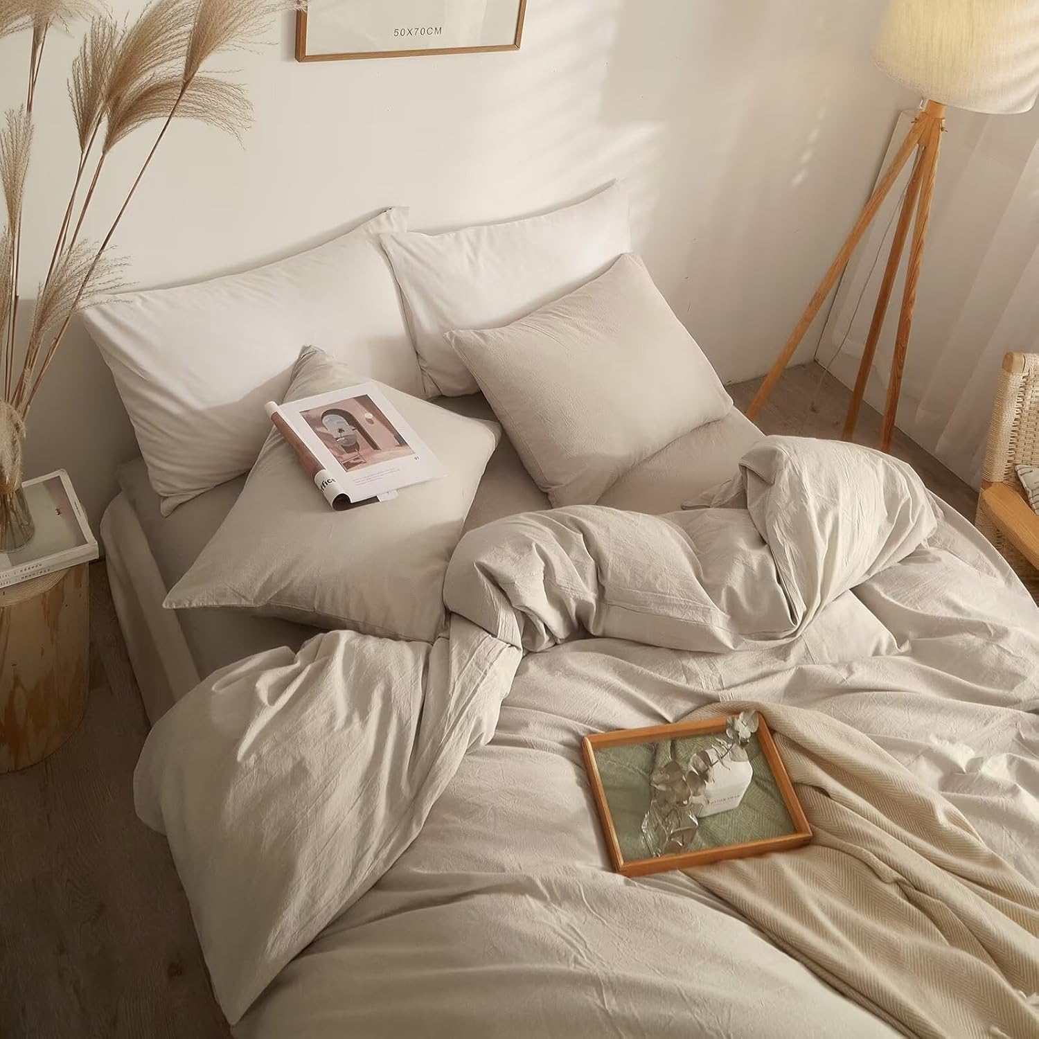 Washed 100% Cotton Twin XL Duvet Cover Pumpkin Soft Breathable,3 Pcs Bedding Set(1 Duvet Cover and 2 Pillowcases) for All Season,Cotton Comforter Covers Beige 68"X90"