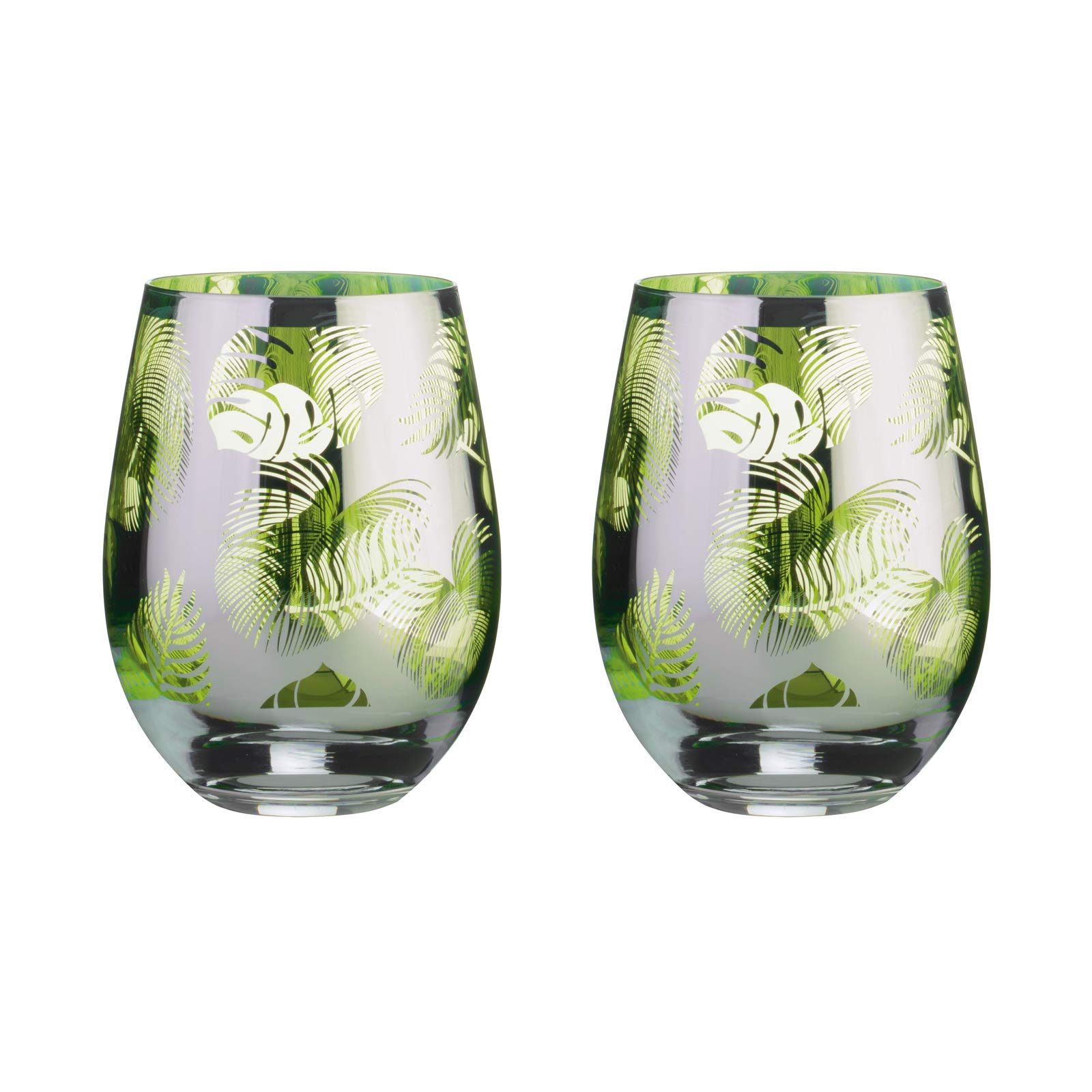 Artland Green,Silver - Tropical Leaves Dof Tumbler - Set Of 2 - Electroplated Design With Mirrored Silver Finish