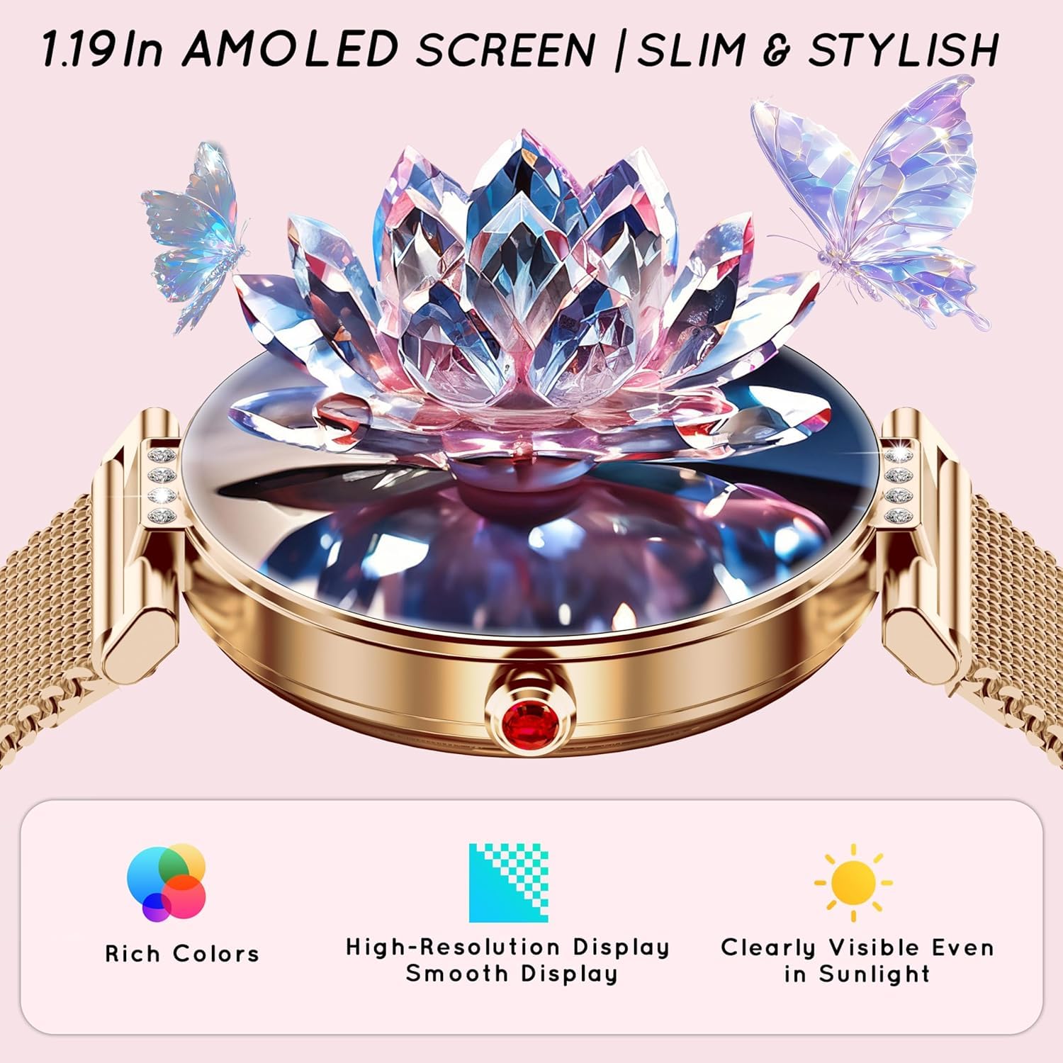 Reloj Inteligente Mujer Pantalla AMOLED 1,19'' Elegante Pequeño Oro Rosa | Reloj Deportivo Contador Monitor Sueño Pulsómetro SpO2 Smartwatch con Llamadas IP68 compatible con iPhone Android