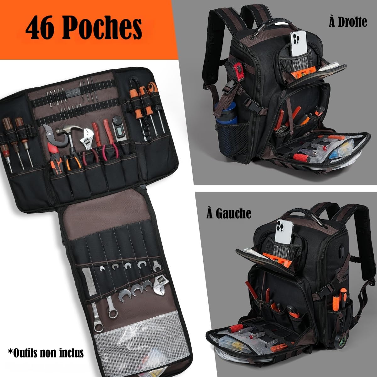 WELKINLAND Sac à dos d'électricien à 46 poches, sacs à dos à outils entièrement ouverts, sac à dos à outils robuste, sacs à dos imperméables en toile cirée, sac à outils CVC, sac à outils de