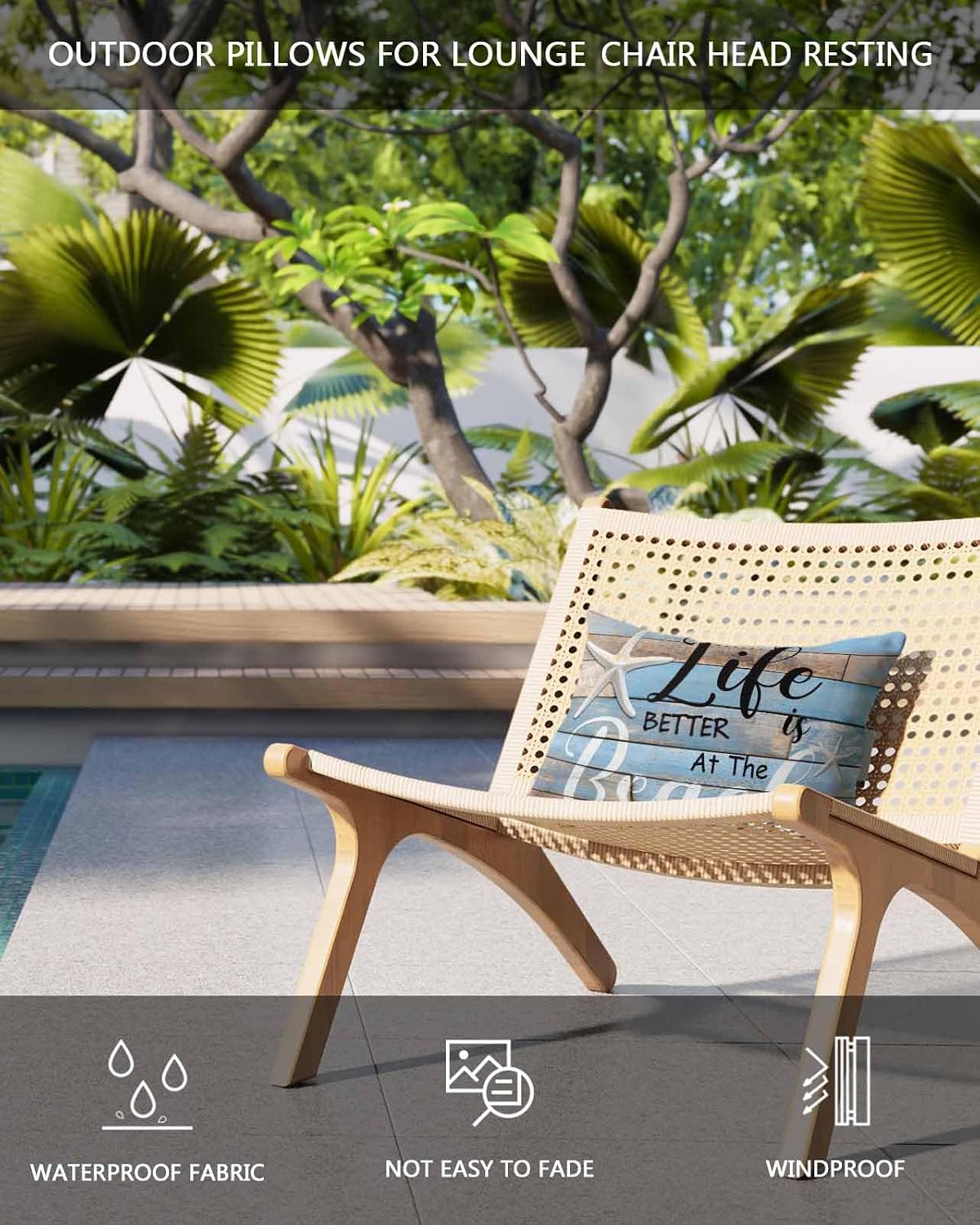 Beach Life with Starfish Outdoor Head Pillows for Recliner Lounge Chair,Pack of 2 Waterproof Throw Pillow Cushion Cases with Insert&Elastic Strap,Vintage Wooden Plank Neck Pillow for Patio Beach