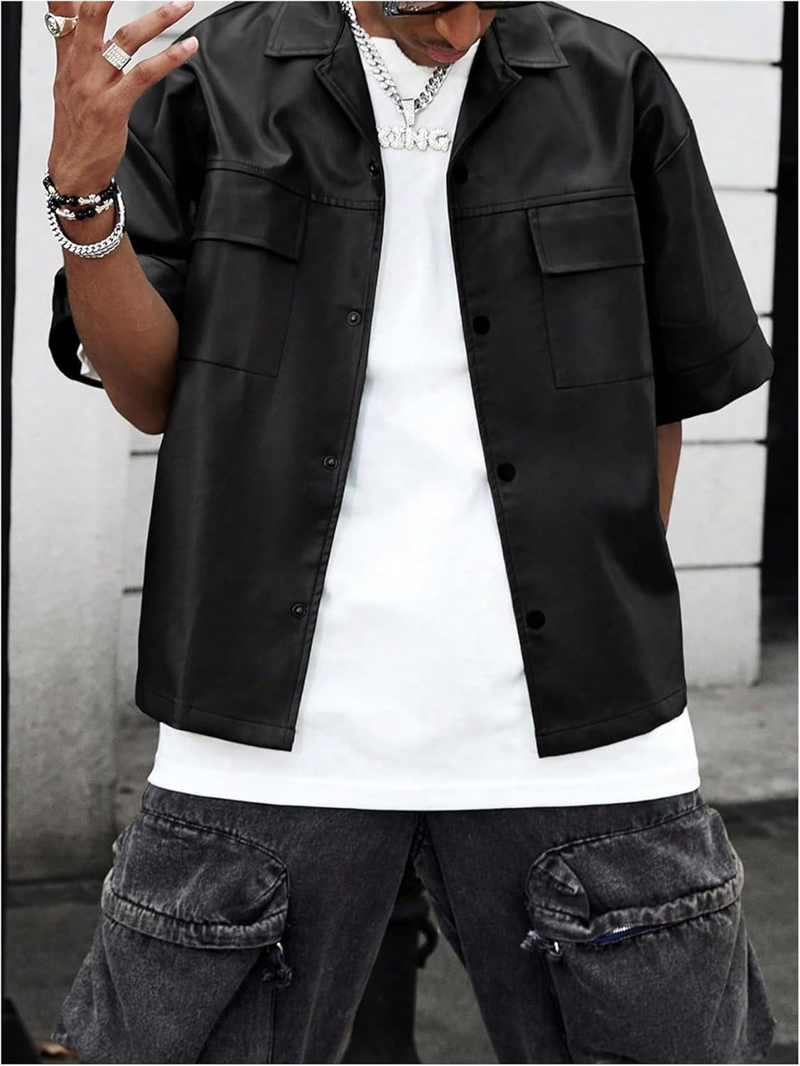 Men's PU Leather Outerwear Gothic Button Down Half Sleeve Collared Motorcycle Jacket Streetwear - Image 4