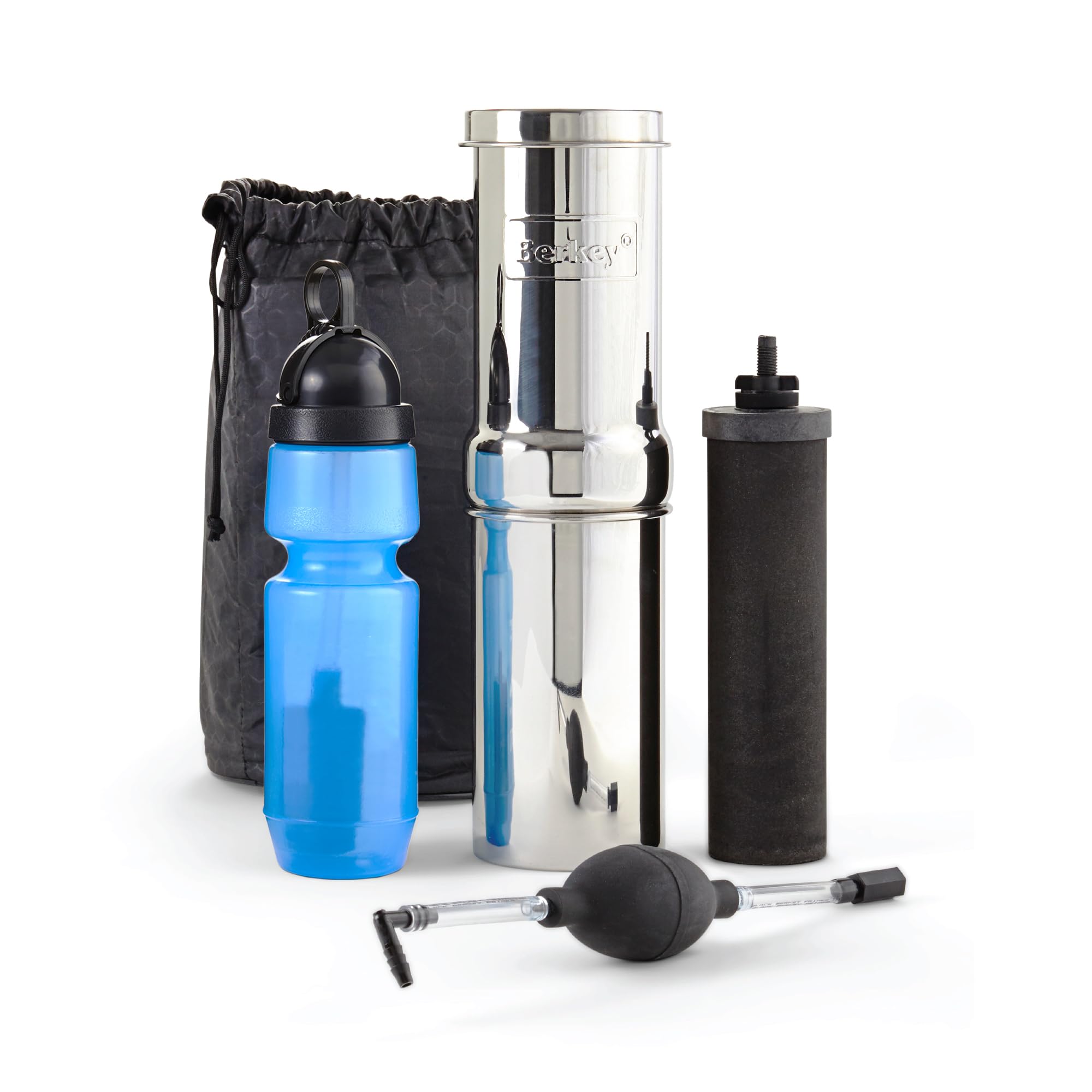 Berkey Go Kit de filtre à eau avec 1 système de filtration à eau Qt Gravity Fed, bouteille de sport et apprêt noir