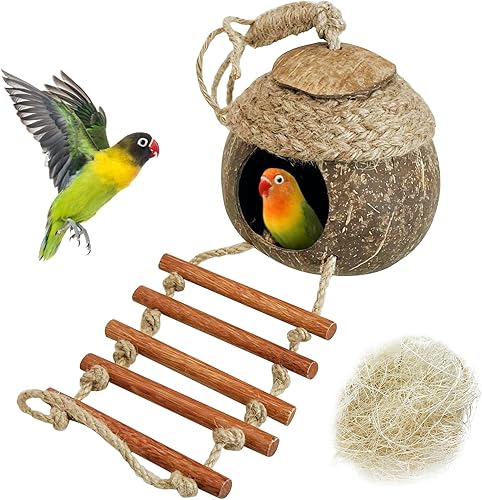 Vista 14 de Tfwadmx Casa colgante para pájaros con escalera, fibra de coco natural, nido de pájaros, conchas de coco, escondite, agapornís, columpio, juguetes