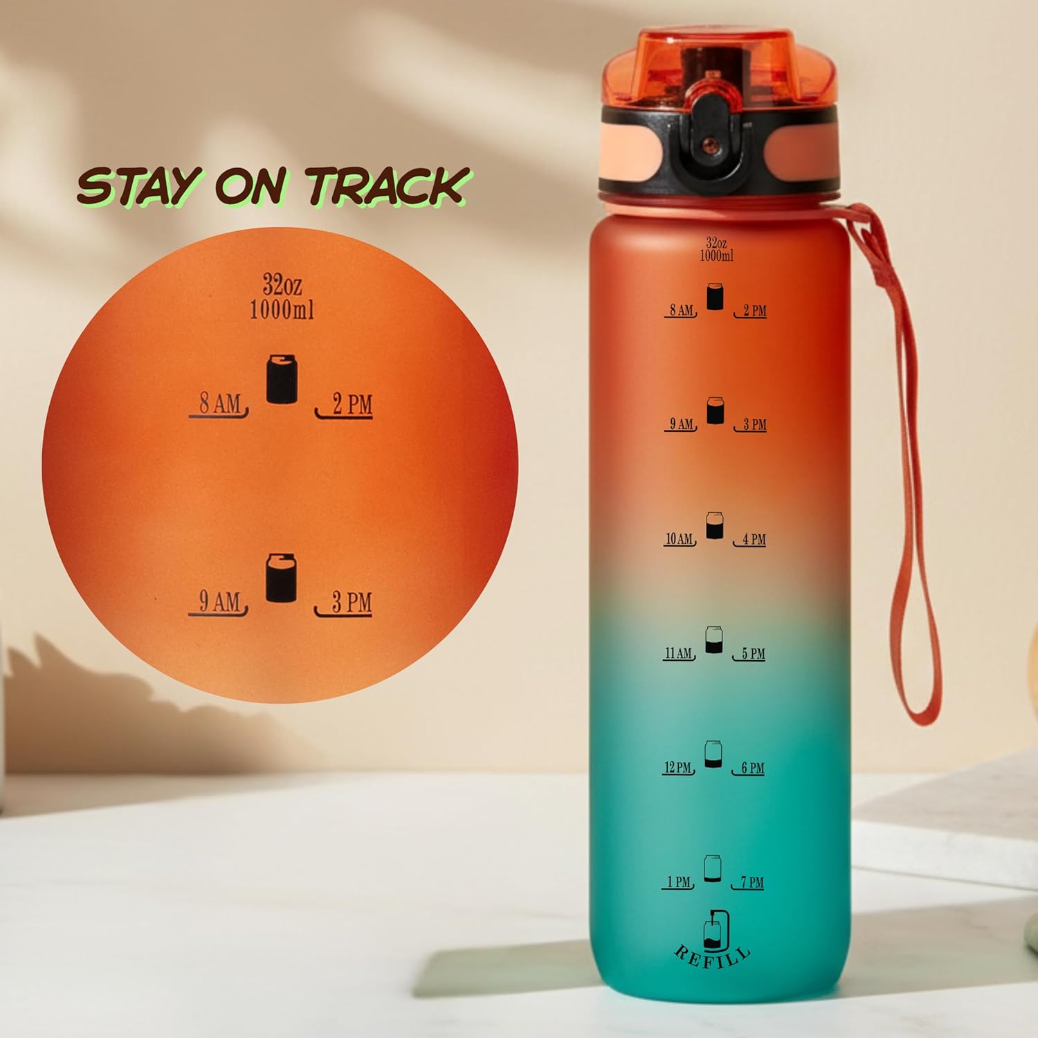 32oz Tritan Water Bottle with Time-Marked, 2 Lids (Fast Flow & Straw) - BPA/BPS Free, Leak-Proof, Airtight, Reusable Water Bottle - Perfect for Sports, Hiking (Gradient Orange/Cyan) - Image 8