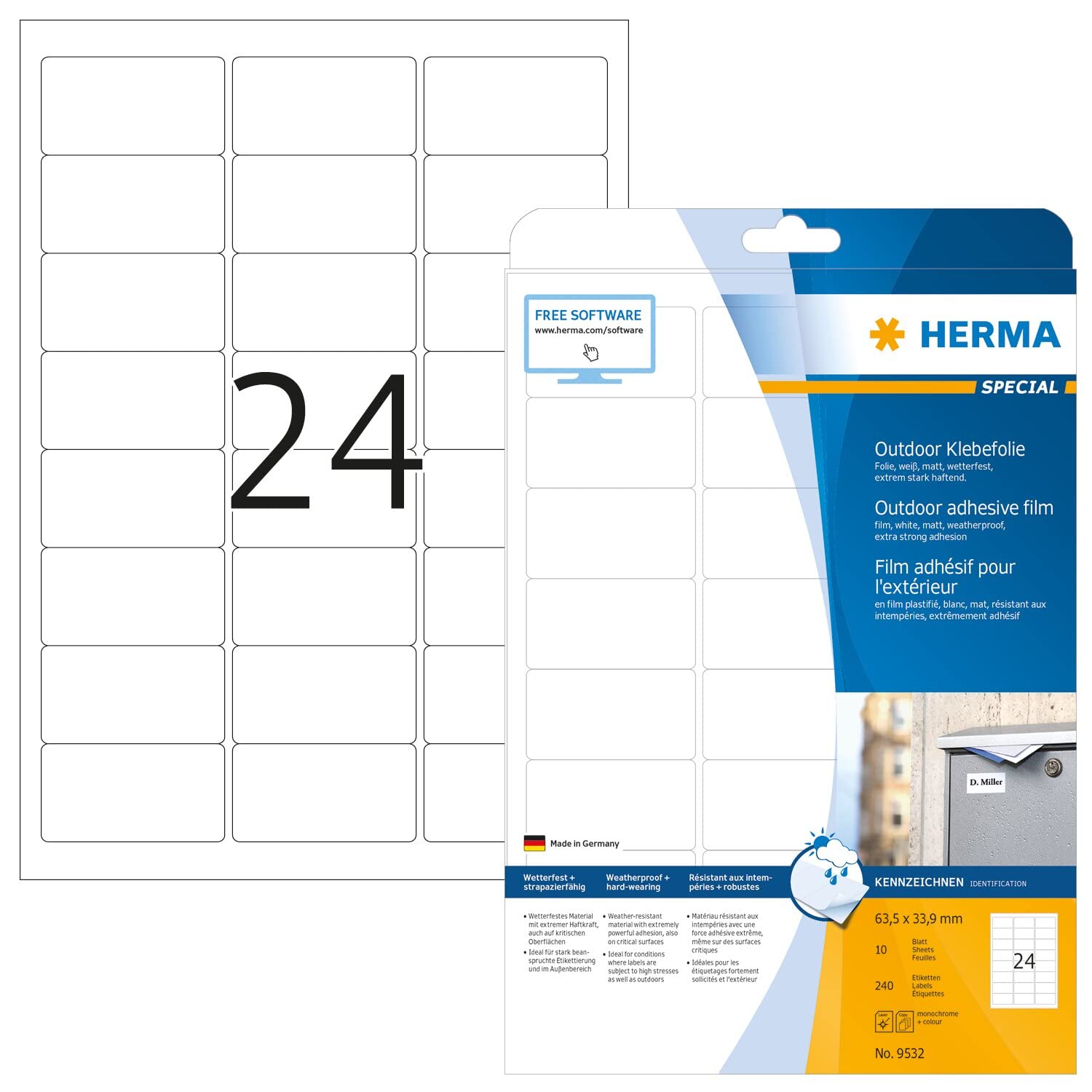 HERMA Self Adhesive Film Labels, 24 Labels per A4 Sheet, 10 Sheets, 63.5 x 33.9 mm, 240 Labels, Blank Weatherproof Labels Stickers, Sticky Labels for Laser & Inkjet Printer, White
