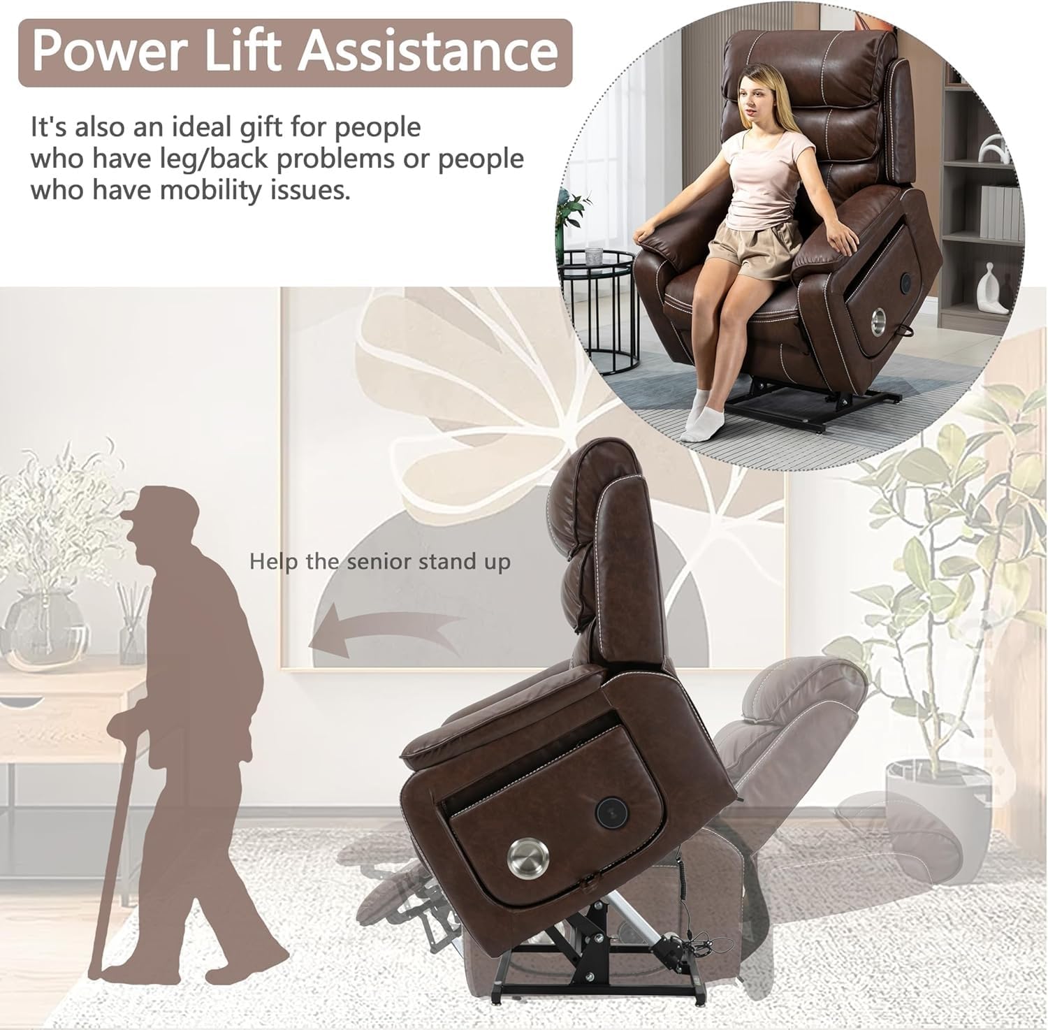 Breathable Leather Dual Motor Power Lift Recliner Chair for Elderly with Heat and Massage Large Lay Flat Lift Chairs for Seniors Infinite Position with USB Ports and Remote