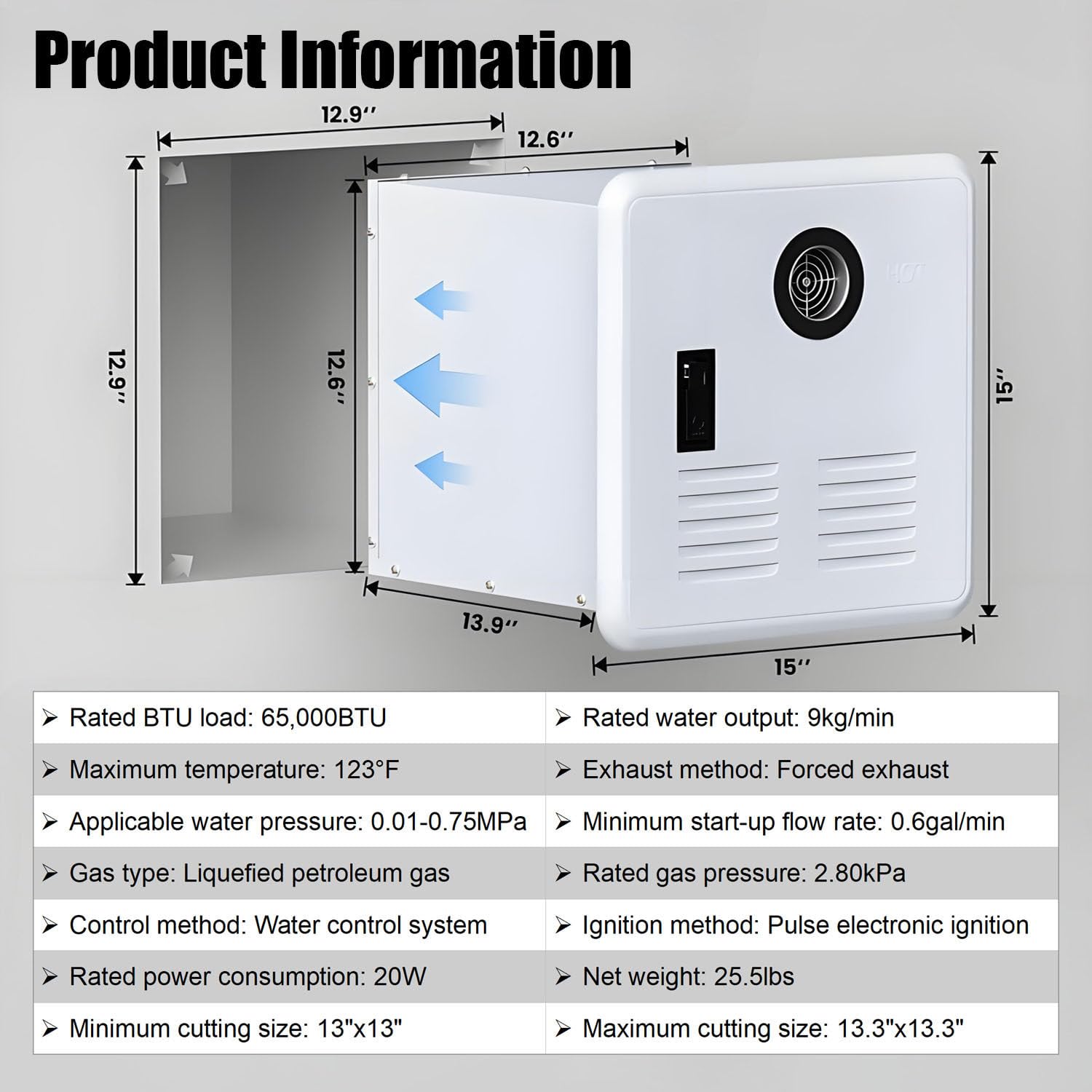 Scaldabagno Senza Serbatoio per Camper, Doccia istantanea, CC 12 V, Max 3,9 GPM, con Porta Nera da 15 x 15 Pollici e Telecomando, Ideale per l'uso Quotidiano dei camperisti White
