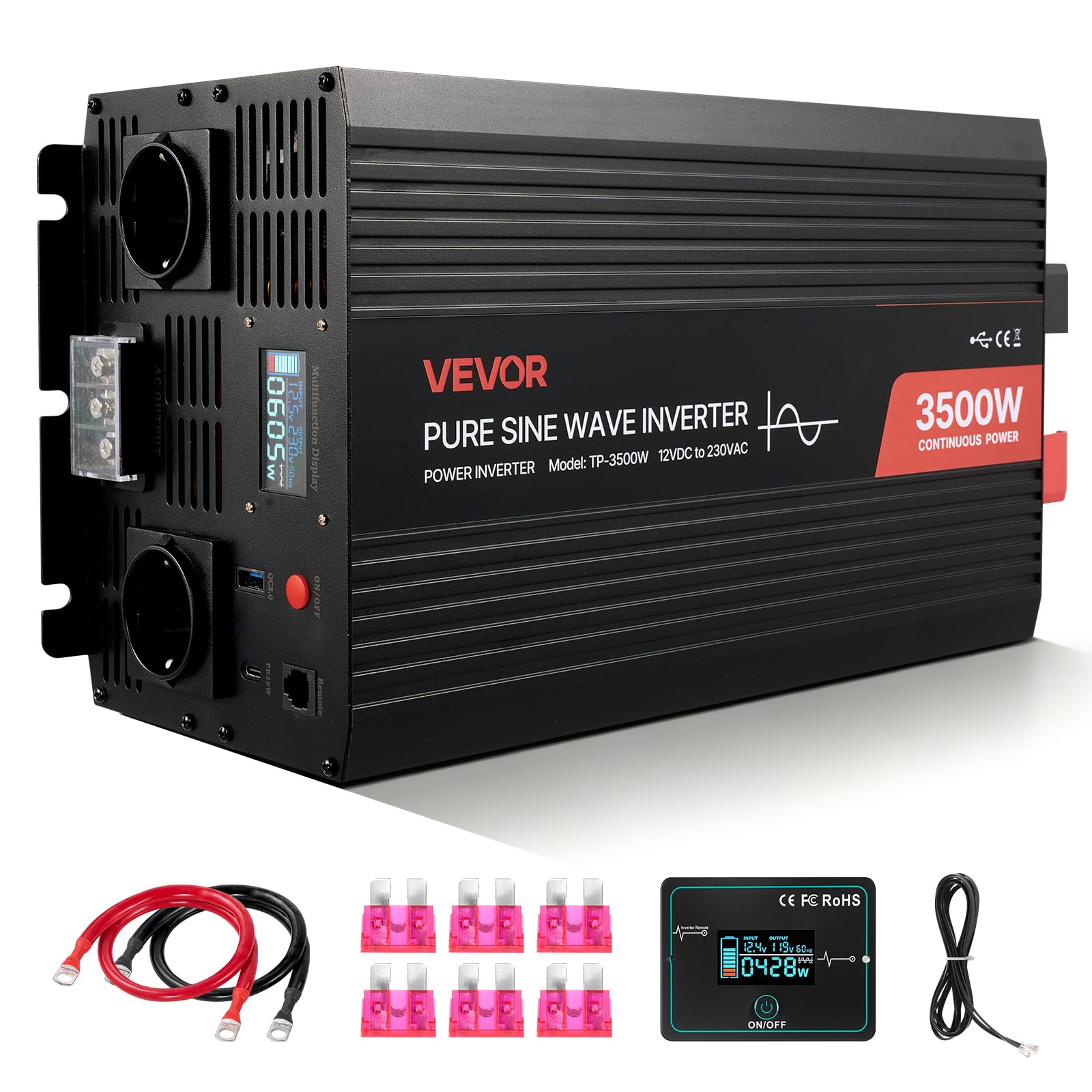 VEVOR Inverter di Corrente da 3500 W, Inverter a Onda Sinusoidale Pura da 12 V CC a 230 V CA, Convertitore per Caricabatteria Solare da Auto con Display LCD, Telecomando, Porte USB e Tipo C, Prese CA