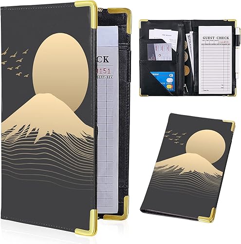 Miniatura 15 de Libros de servidor para mesera - Cartera de cuero PU marrón con bolsillo con cierre, motivo navideño; lindo organizador para meseros con bolsillo