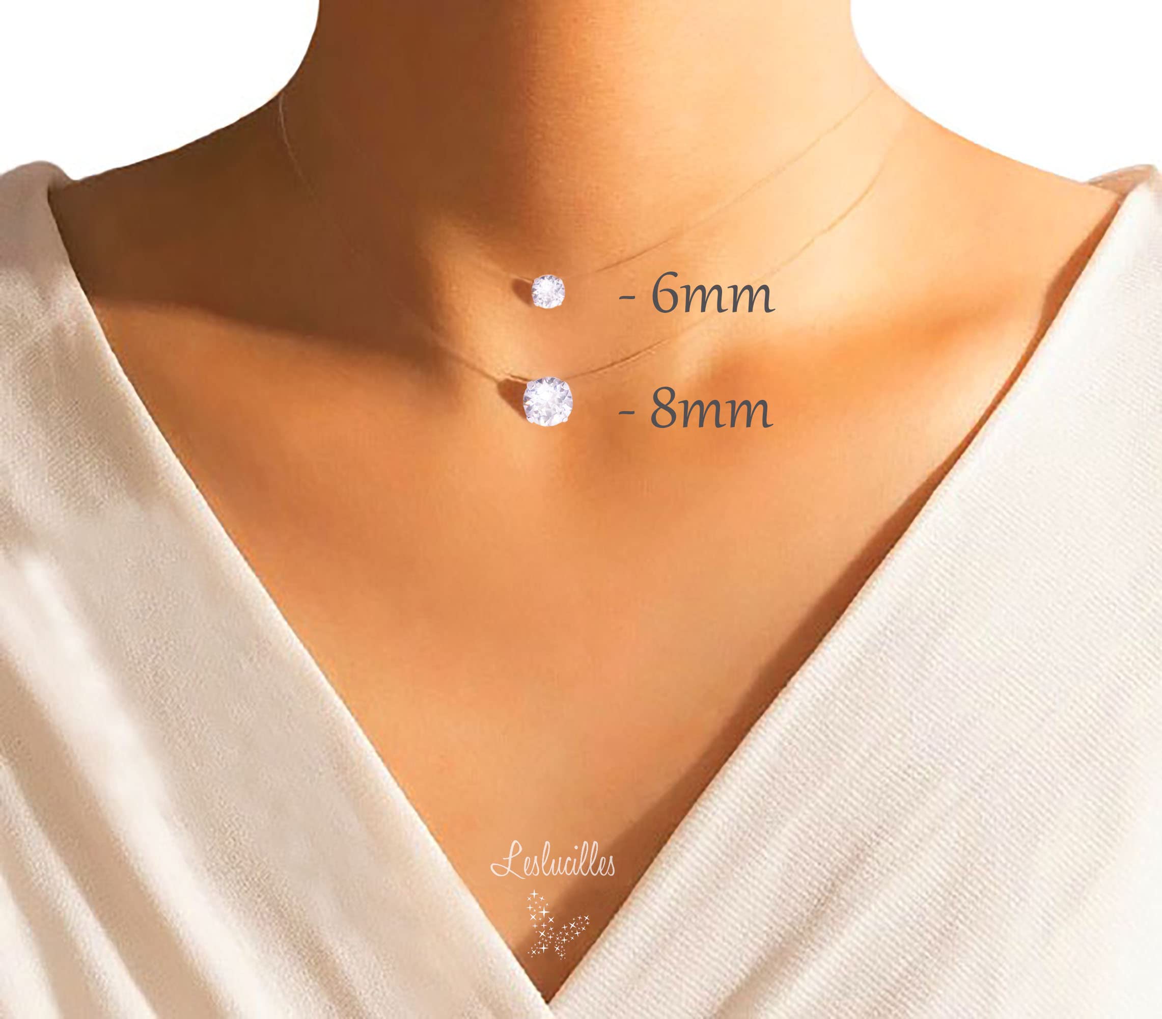 Collier Solitaire invisible - ARGENT 925 - PETIT ou GRAND Pendentif Pure Brillance - Ras-de-cou en Fil de Nylon transparent - Cordon de la clavicule