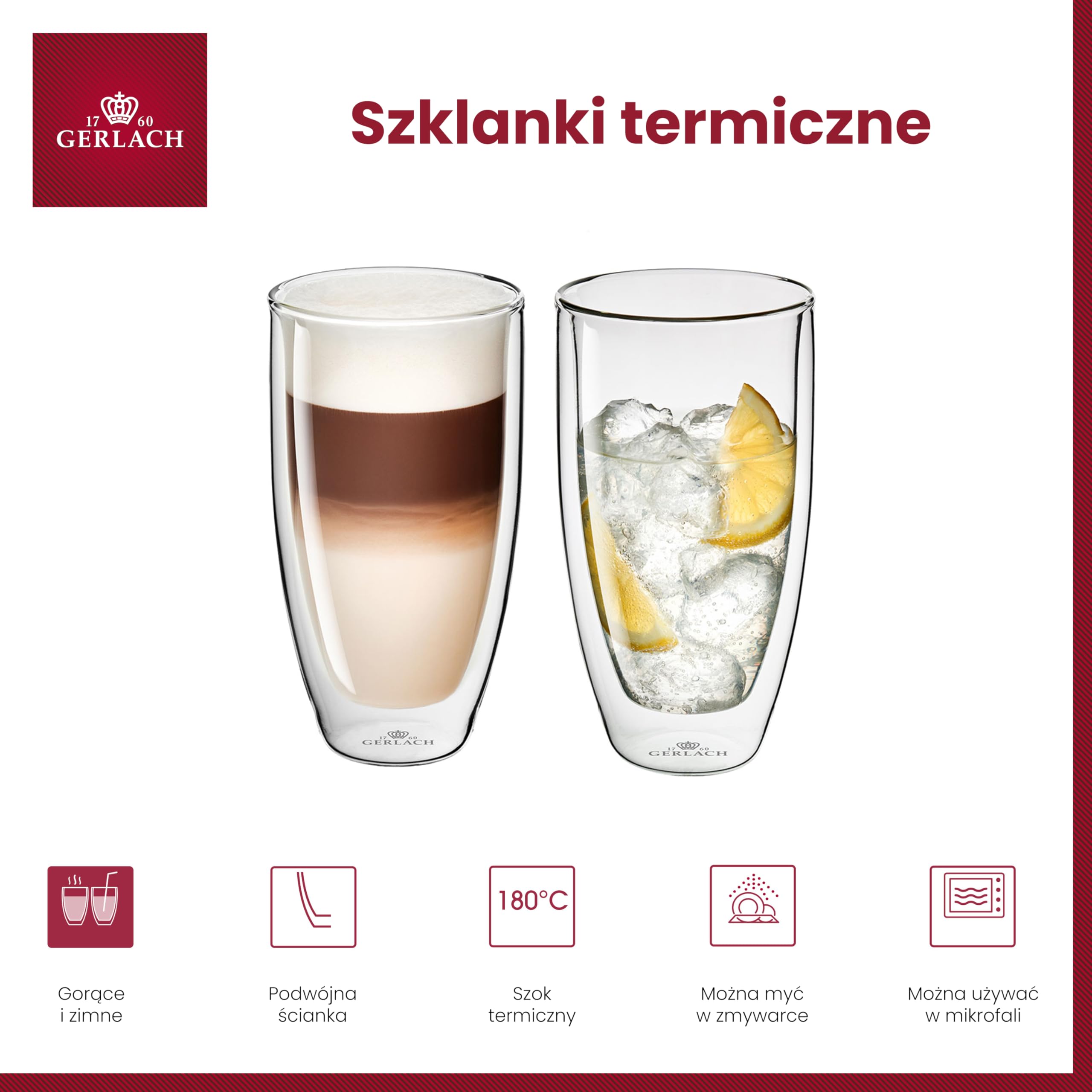 Gerlach 1760 Zestaw 2 Szklanek Termicznych Do Kawy Caffè Latte Herbaty Z Podwójnymi Ściankami Przezroczyste 350 ml Flow