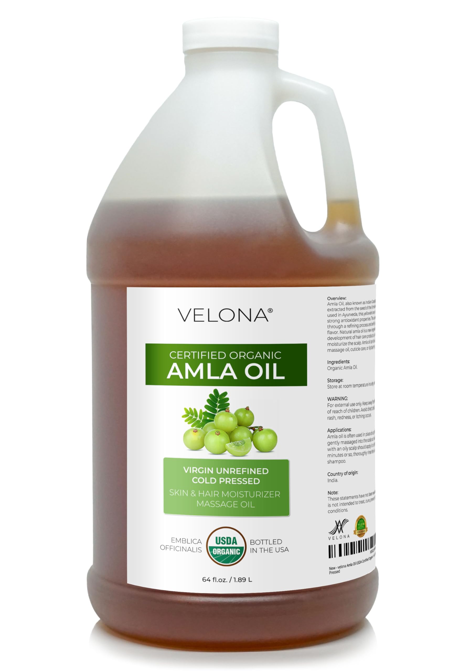 Amla Oil USDA Certified Organic - 64 Fl Oz | 100% Pure and Natural Carrier Oil | Extra Virgin, Unrefined, Cold Pressed